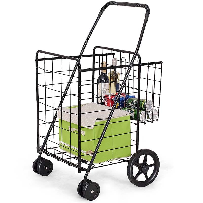 Jumbo Folding Shopping Cart Large Rolling Grocery Utility Cart with Double Basket & 360�� Swivel Wheels