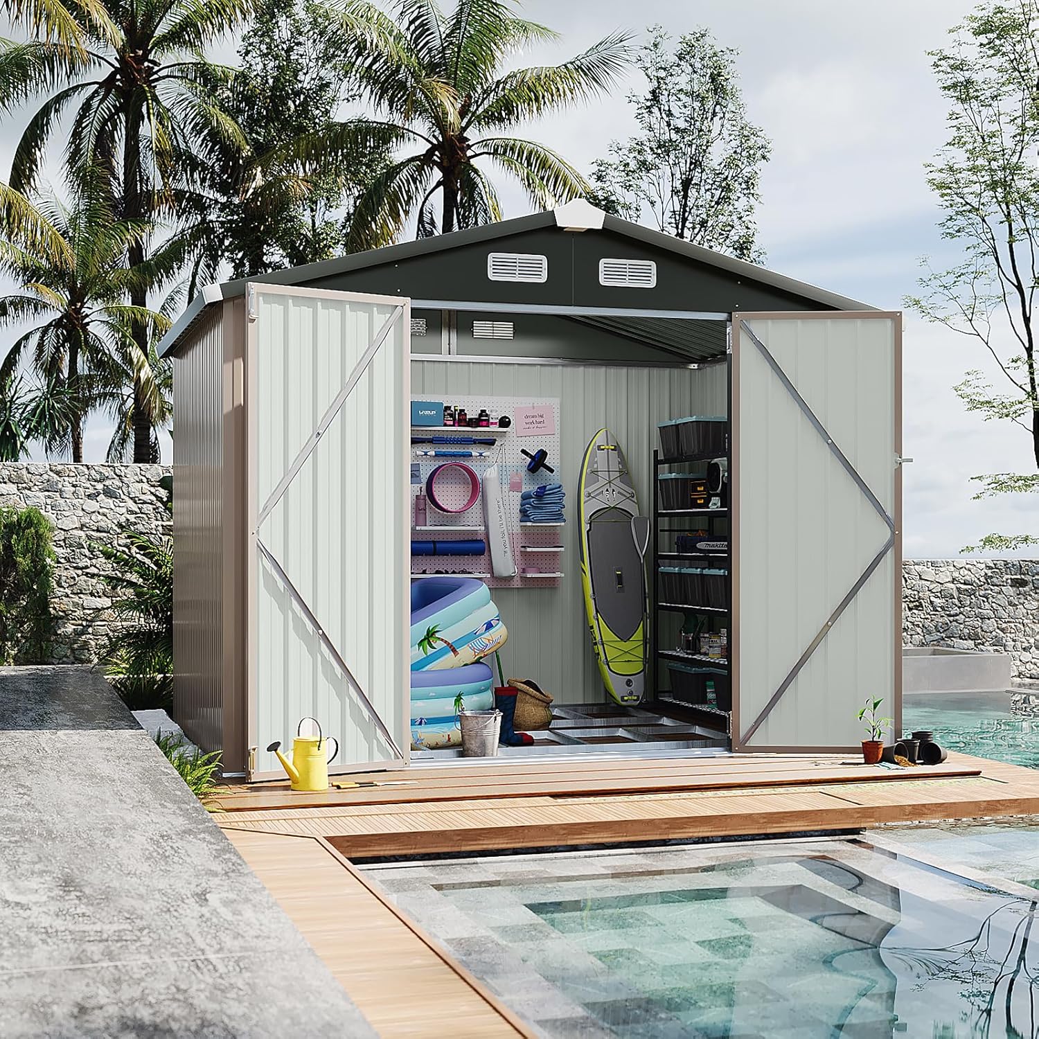 6.2x4 FT Shed Outdoor Storage Shed Metal Garden Shed with Lockable Doors & Slooping Roof Tool Shed Bike Shed for Backyard, Patio, Poolside (Brown)