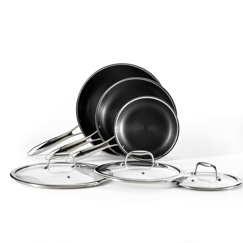 HexClad 6-Piece Hybrid Nonstick Fry Pan Set with Lids, Stainless Steel, 8/10/12-Inch, Oven & Dishwasher Safe