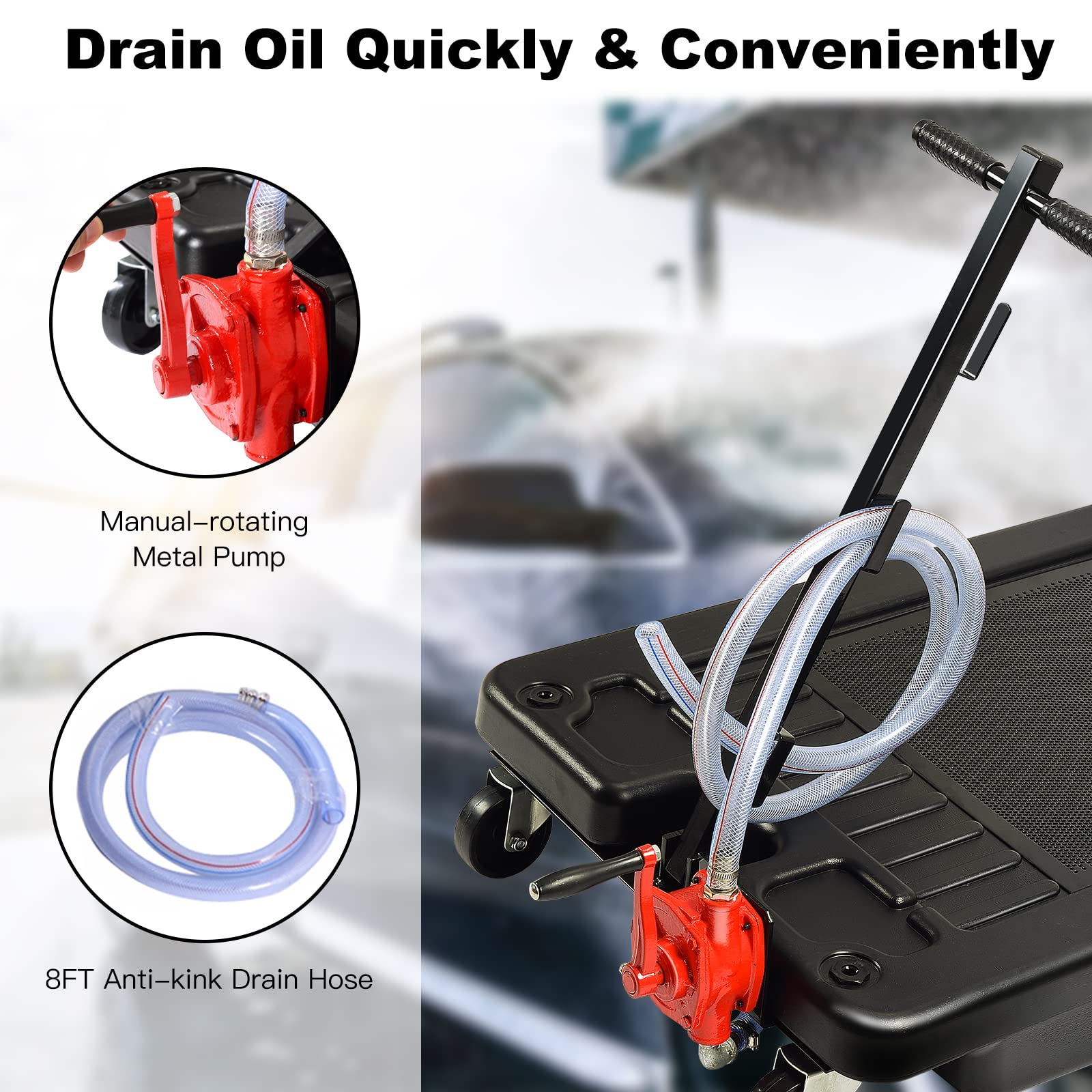 Portable Oil Drain Pan with Pump 17 Gallon Low Profile Oil Change Pan for Truck Car with 8' Hose