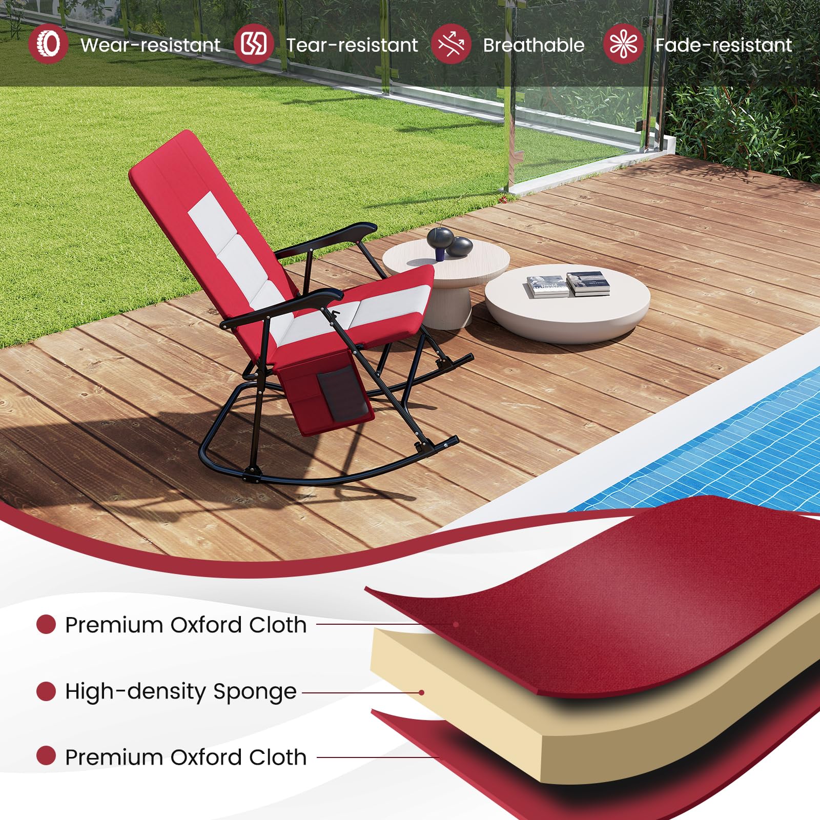 Oversized Folding Rocking Chair, Padded Patio Lounge Rocker w/Metal Frame, Armrests, Side Pocket