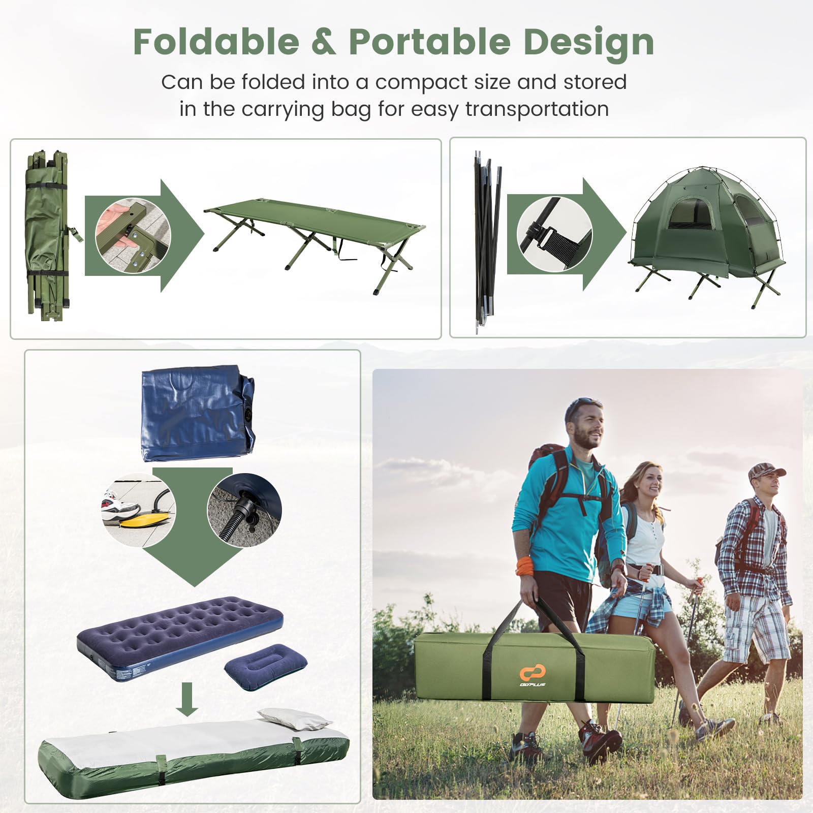 Camping Tent Cot, 5-in-1 Folding Camping Bed with Air Mattress, Pillow, Sleeping Bag, Waterproof Elevated Tent Shelter
