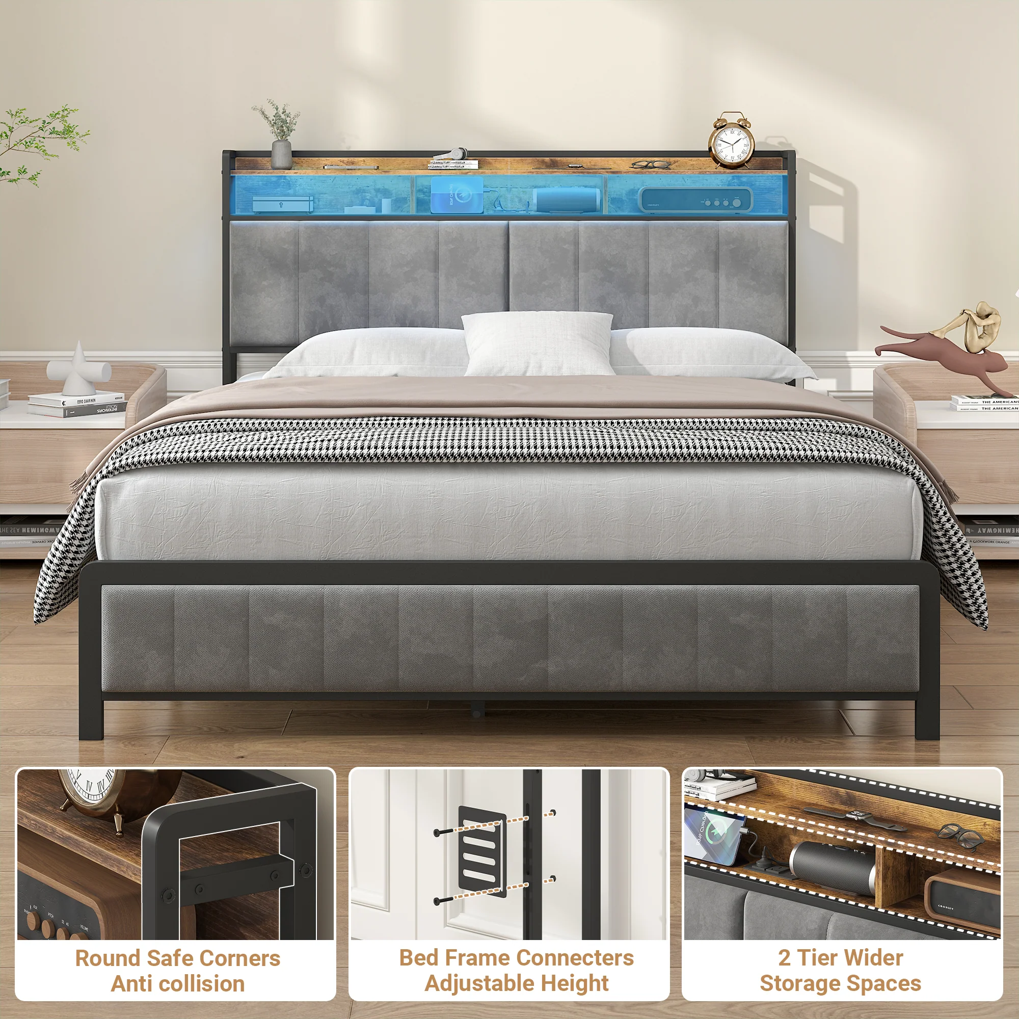 Storage Headboard Upholstered with Charging Station