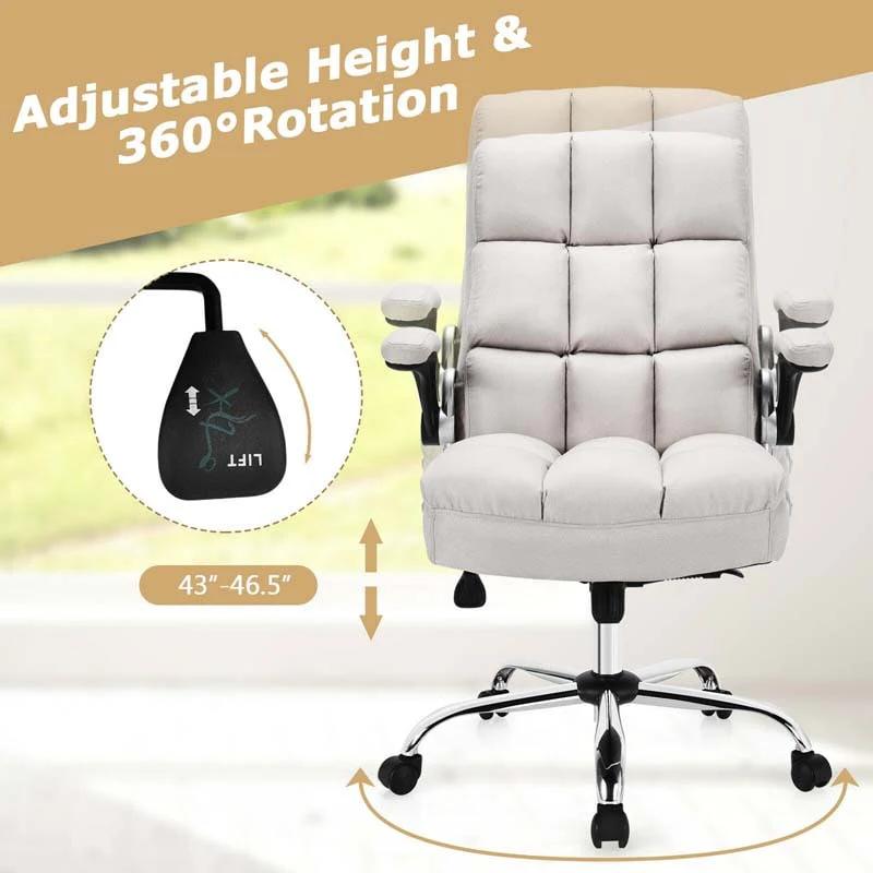 Linen Fabric Thick Padding Big & Tall Executive Office Chair with Flip-up Armrest, Swivel High Back Computer Desk Chair