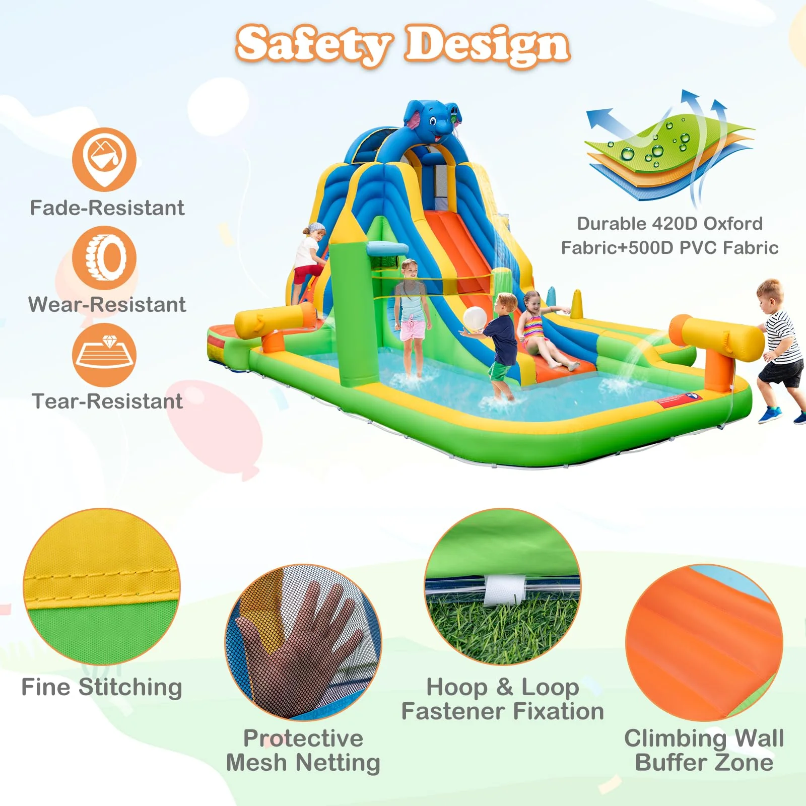 Inflatable Water Slide, 9-in-1 Water Park Jumping Castle W/Ring-toss Game, Volleyball Area, Basketball Hoop