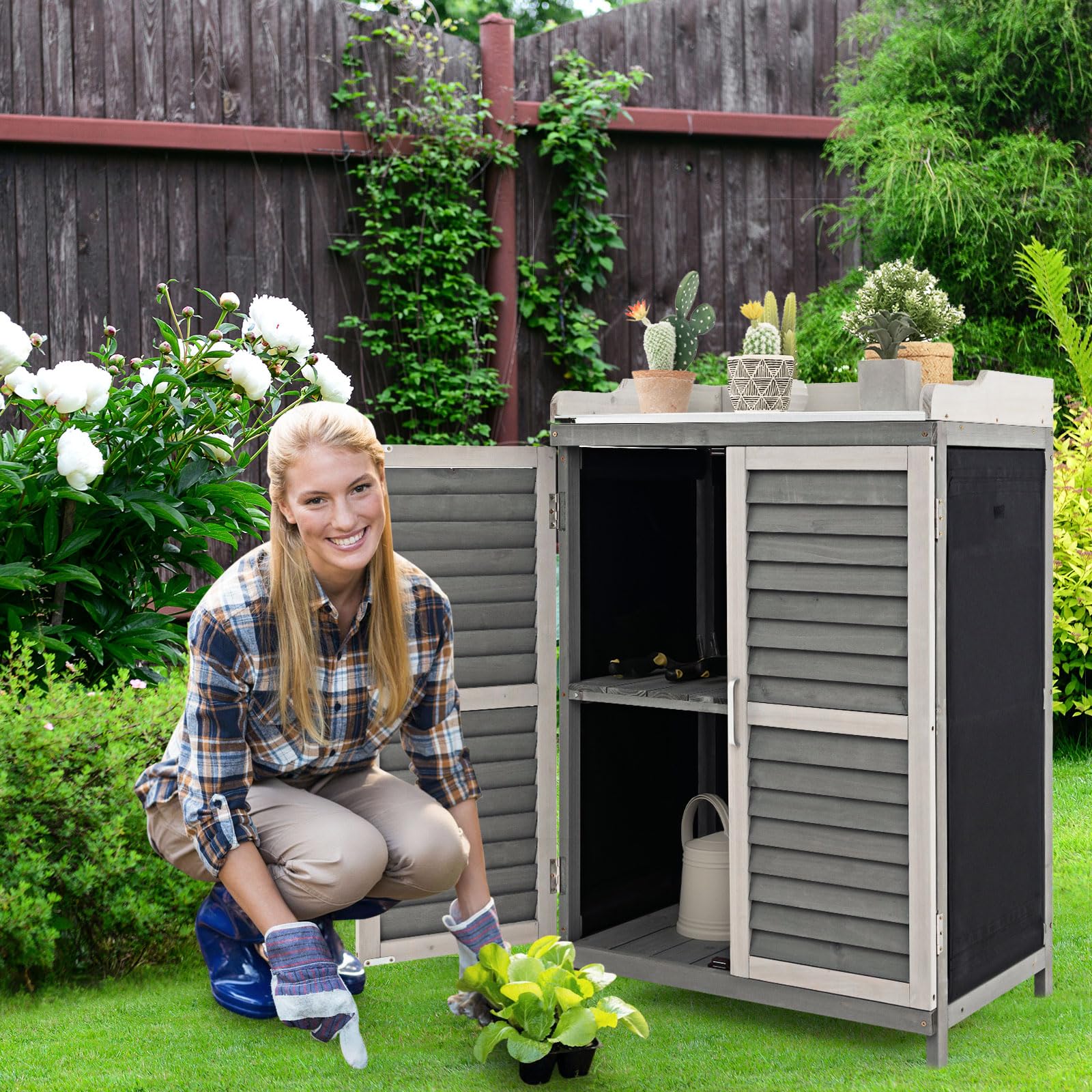 Goplus Outdoor Potting Bench Table, Garden Storage Cabinet w/Metal Tabletop