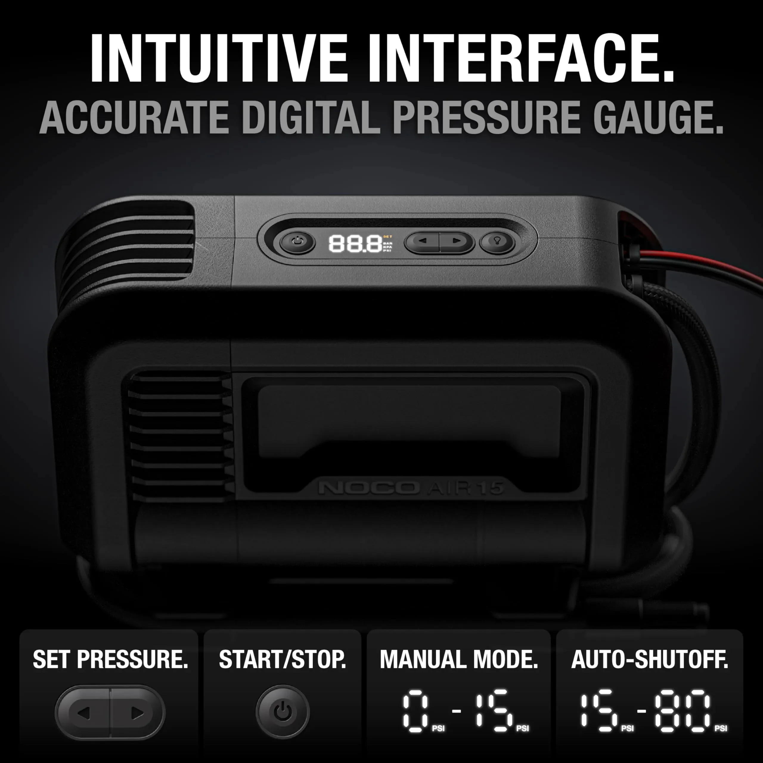UltraFast 15A Tire Inflator, 12V Portable Air Compressor Pump, Rated at 80 PSI, Inflates Tires from 0-40 PSI in 2.9 Minutes with a Digital Gauge, Smart Pressure and Auto-Shutoff