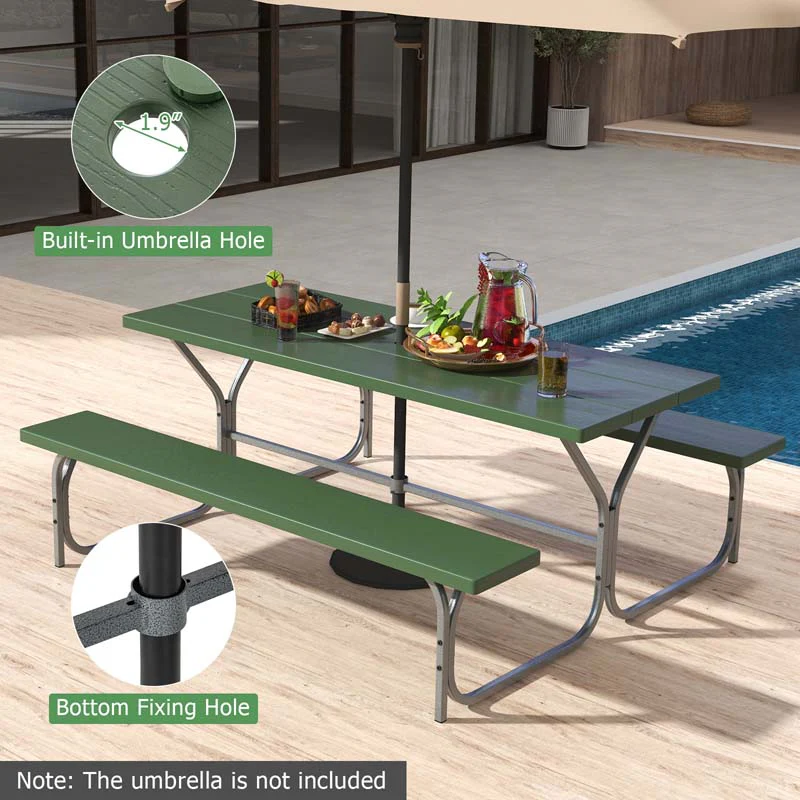 6 FT 8-Person Outdoor Large Picnic Table Bench Set with Umbrella Hole, Metal Frame, All-Weather HDPE Tabletop