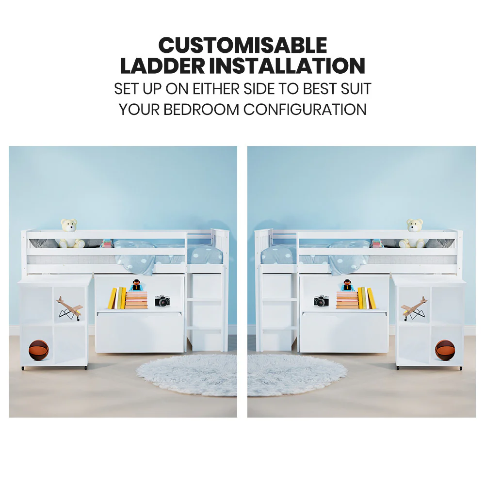 KINGSTON SLUMBER Wooden Kids Single Loft Bed Frame with Pull Out Desk, Storage Drawers - White