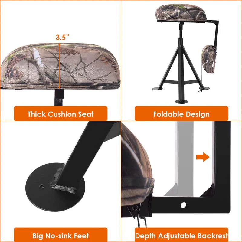 360�� Camo Swivel Hunting Chair for Outdoor Activities, Height Adjustable Tripod Blind Stool Chair with Detachable Backrest, Padded seat