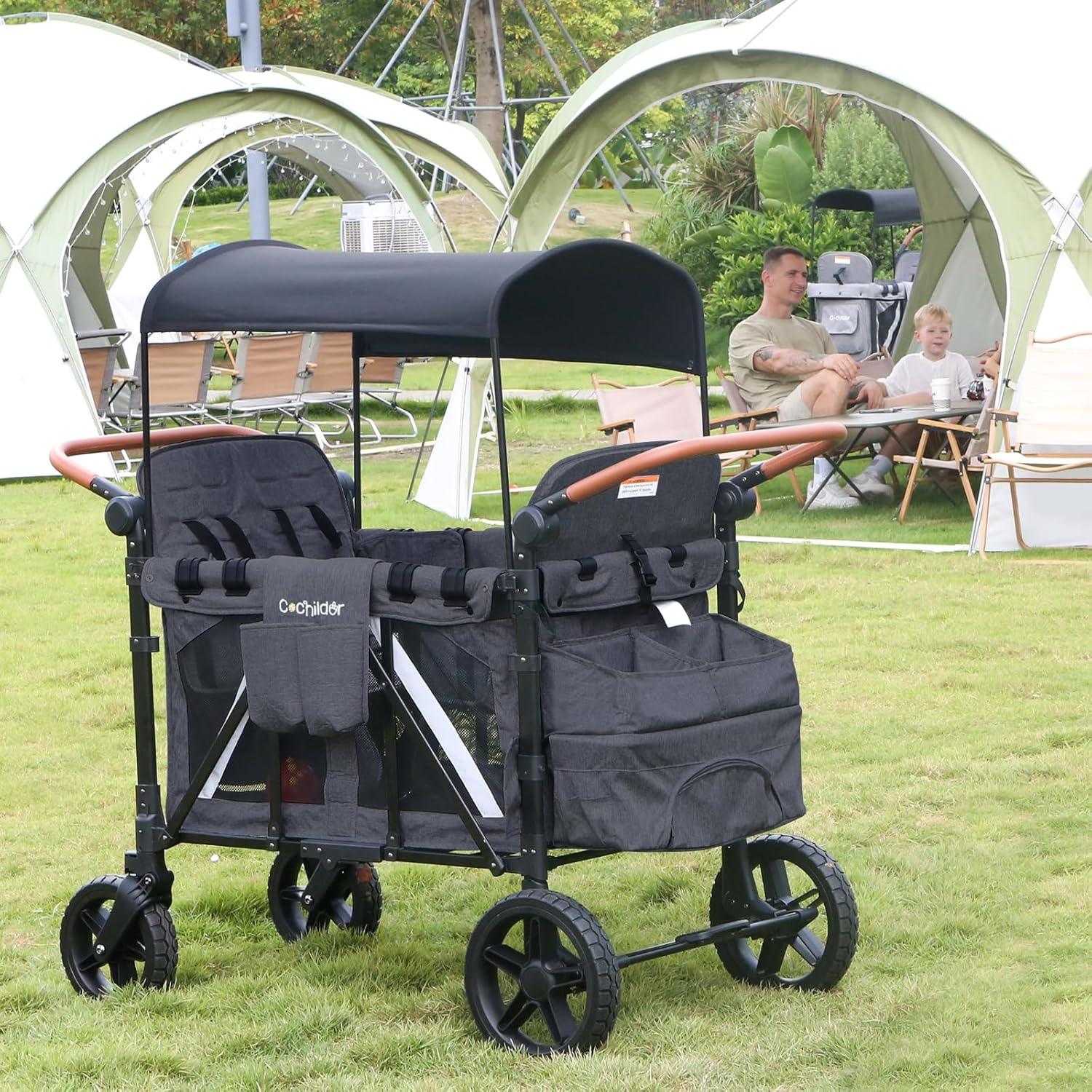 All-Terrain 4 Seater Wagon Stroller for Kids - Heavy-Duty 300lb Capacity, One-Hand Fold Design, High Seats with 5-Point Harness, Adjustable Canopy and Handlebars, Light Grey