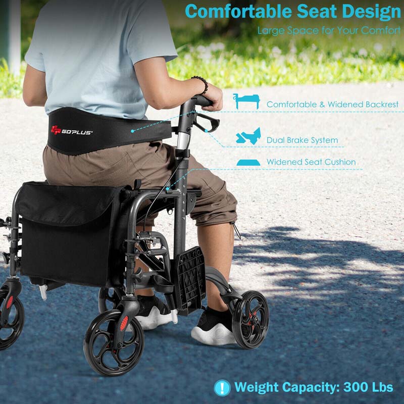 2 in 1 Rollator Walker Wheelchair Folding Medical Walker, Aluminum Transport Chair Mobility Walking Aid