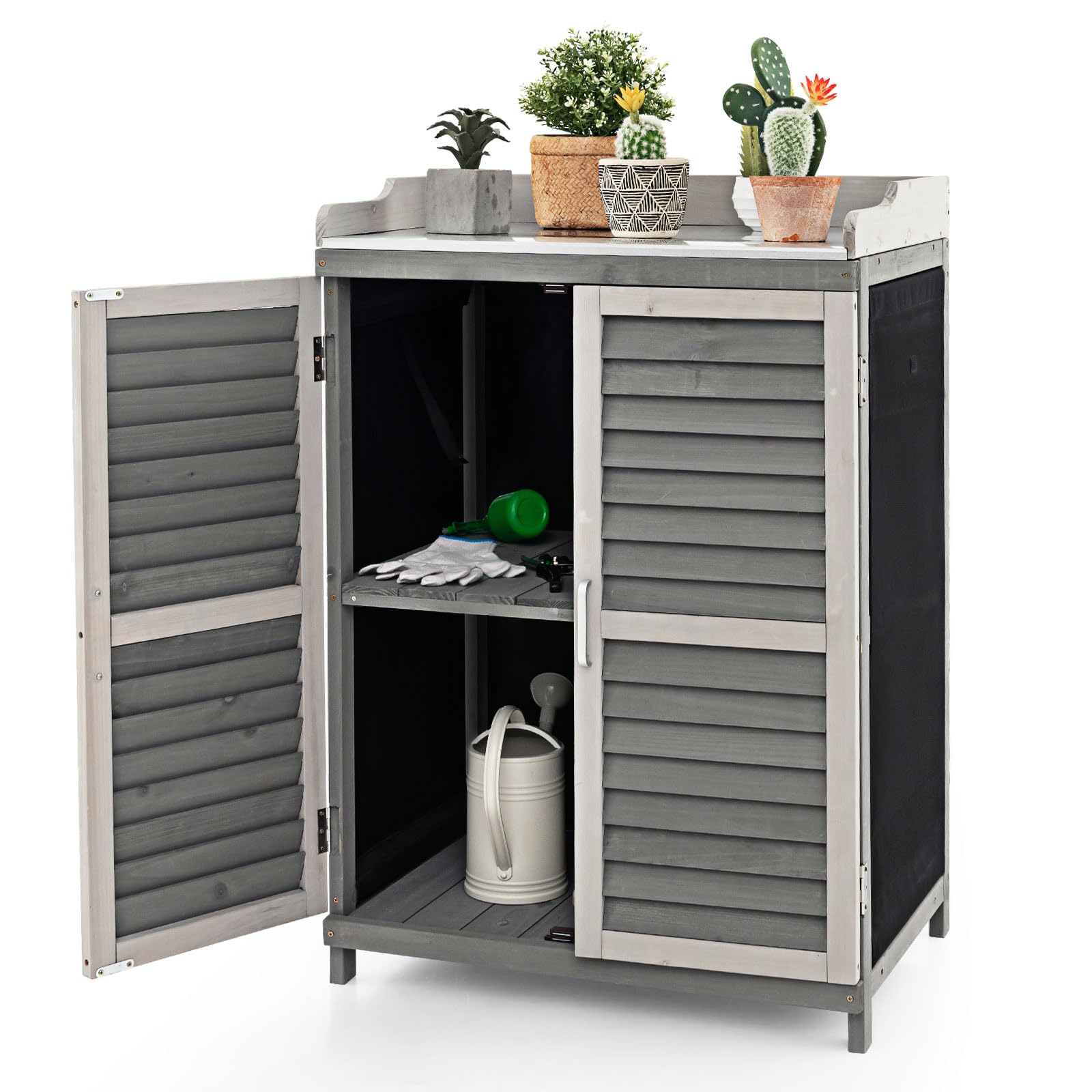 Goplus Outdoor Potting Bench Table, Garden Storage Cabinet w/Metal Tabletop