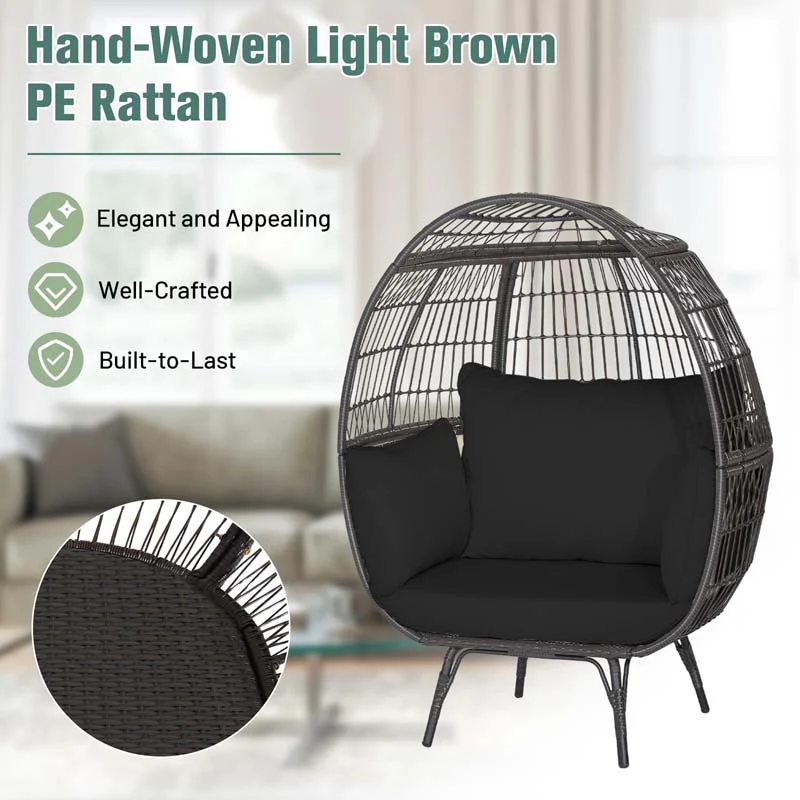Oversized Wicker Egg Chair with 4 Cushions, Steel Frame Basket Chair Indoor Outdoor Patio Lounge Chair