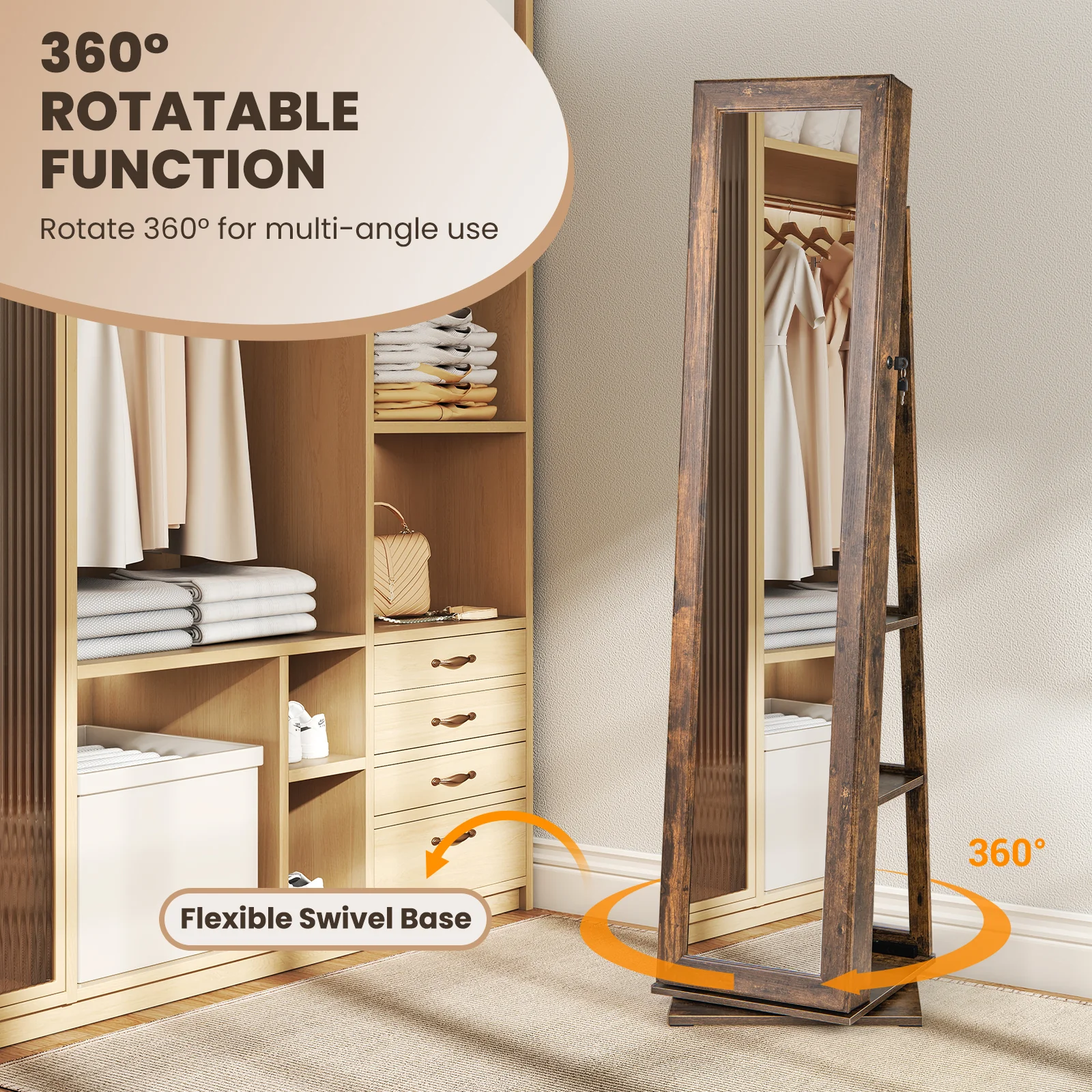 360�� Swivel Jewelry Armoire, Standing Jewelry Organizer with Full Length Mirror