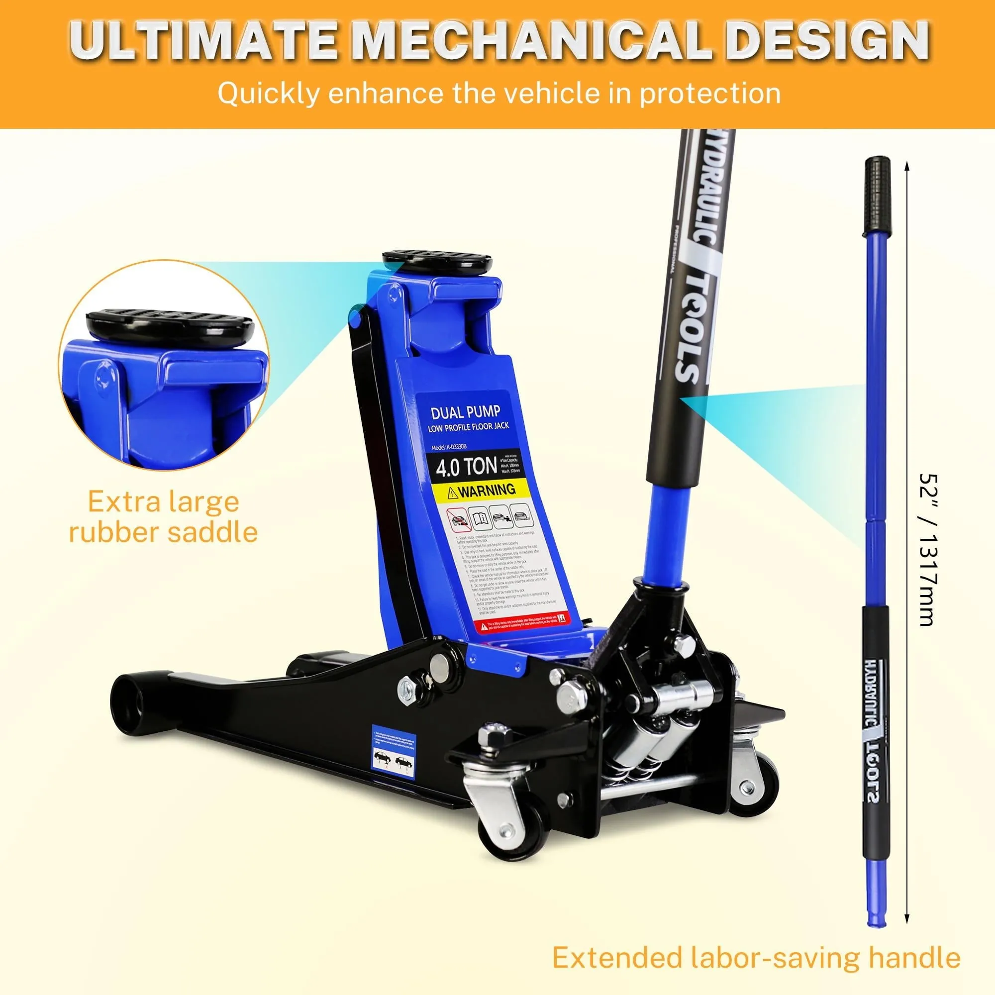 4-Ton Floor Jack, Low Profile Car Jack, Heavy-Duty Trolley Jack Car Lift with Dual Pump Pistons, Lifting Range 4