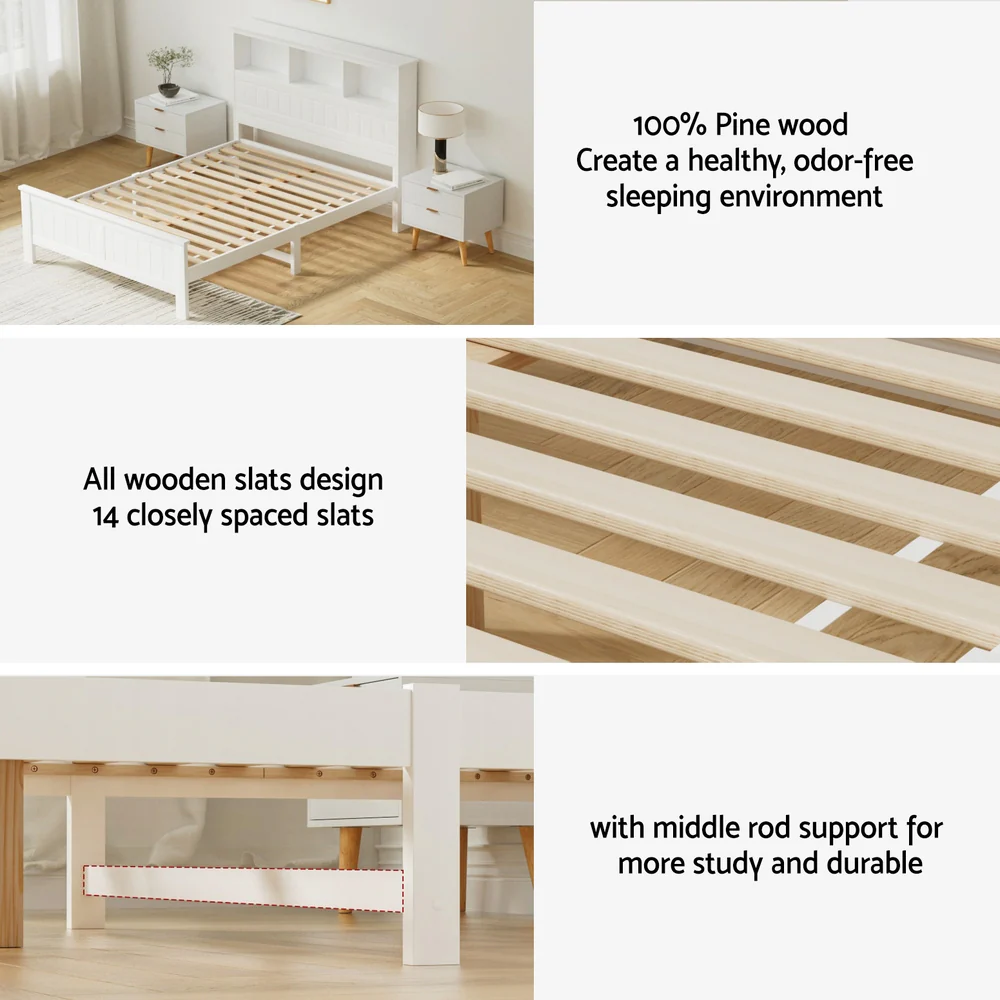 Artiss Bed Frame Double Size Wooden with 3 Shelves Bed Head White