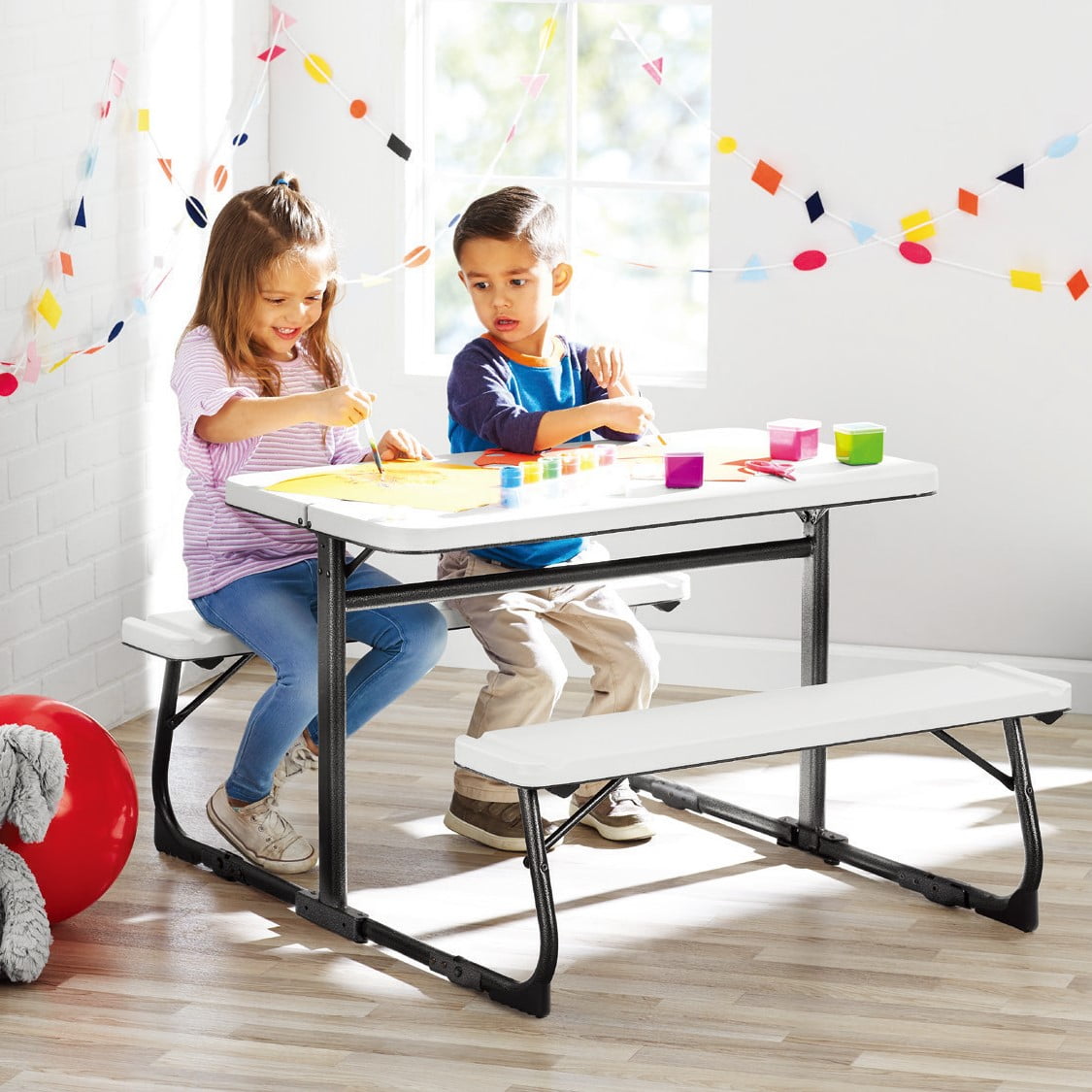 Your Zone Kid��s Folding Activity Table with Benches, White �C Ages 3-8, Easy Storage & Durable