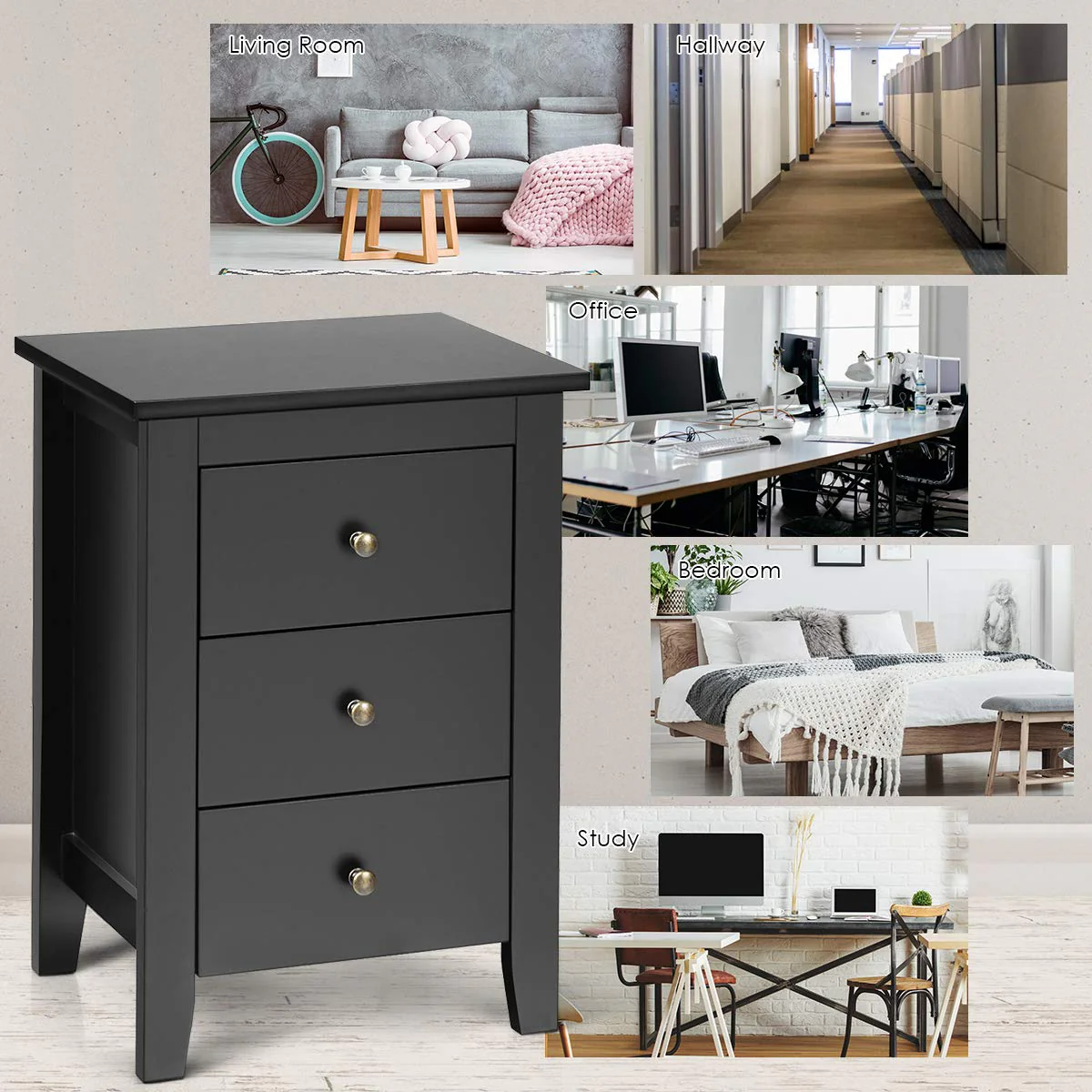 Giantex 2Pcs Bedside Table, Nightstand w/ 3 Drawers & Solid Wood Legs