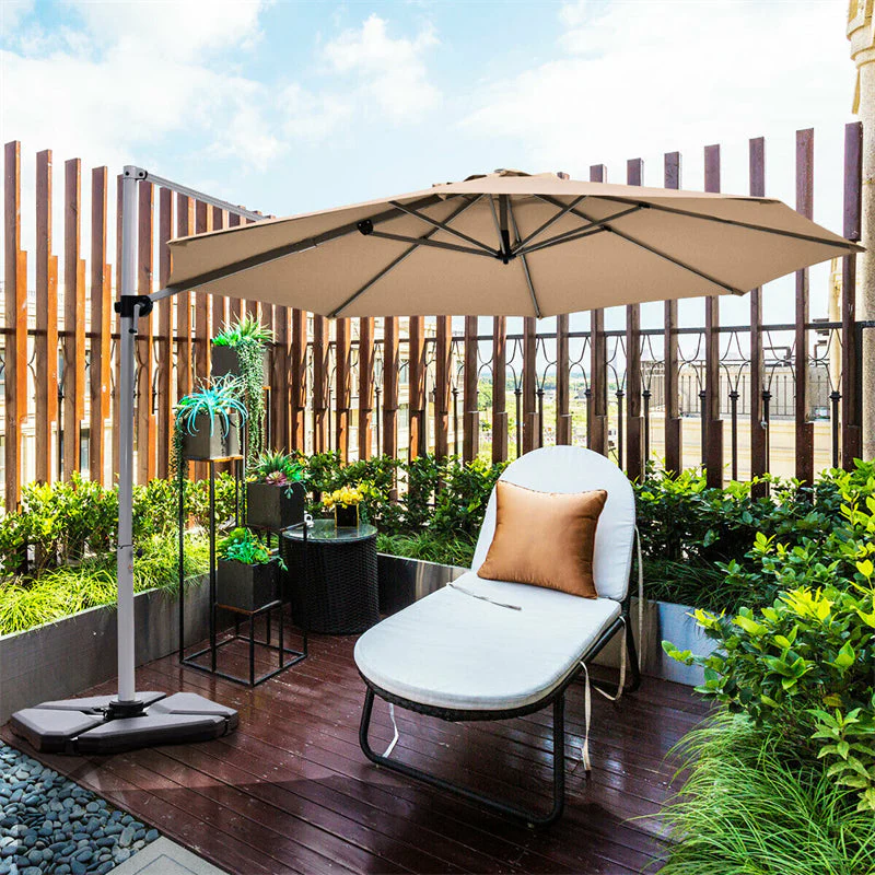11 FT Patio Offset Cantilever Umbrella 360�� Rotation Tilt with Cross Base & Crank Handle