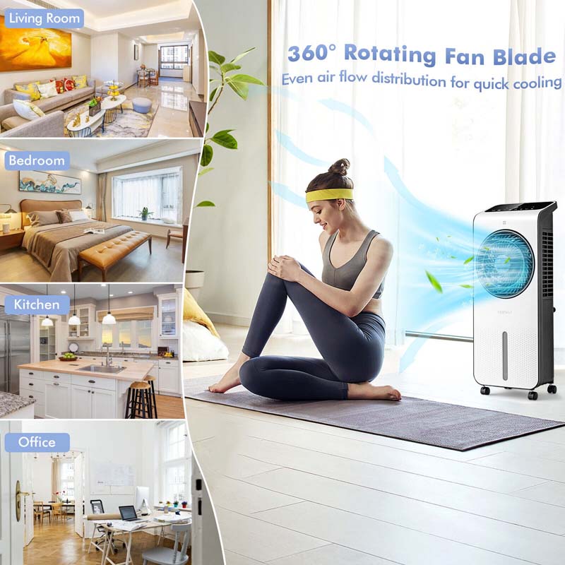 Portable Evaporative Air Cooler, 3-in-1 Swamp Cooler with Fan & Humidifier, 360�� Rotating Fan Blade, 12H Timer