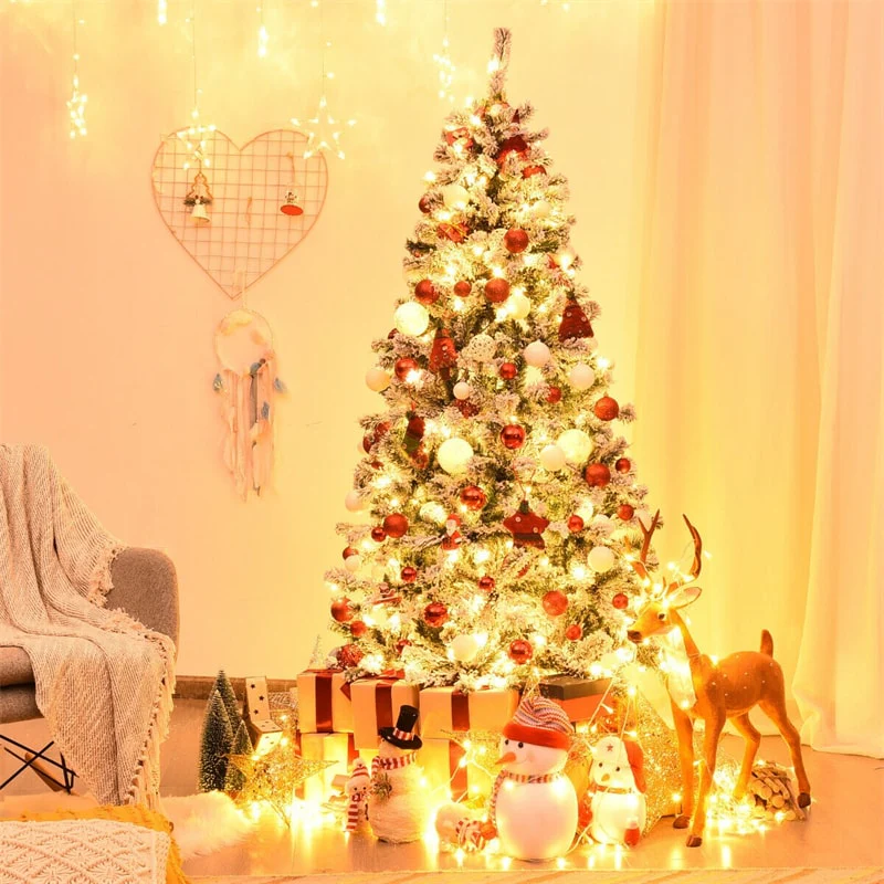 Premium Pre-Lit Snow Flocked Artificial Christmas Tree with Hinged Branch Tips & LED Lights