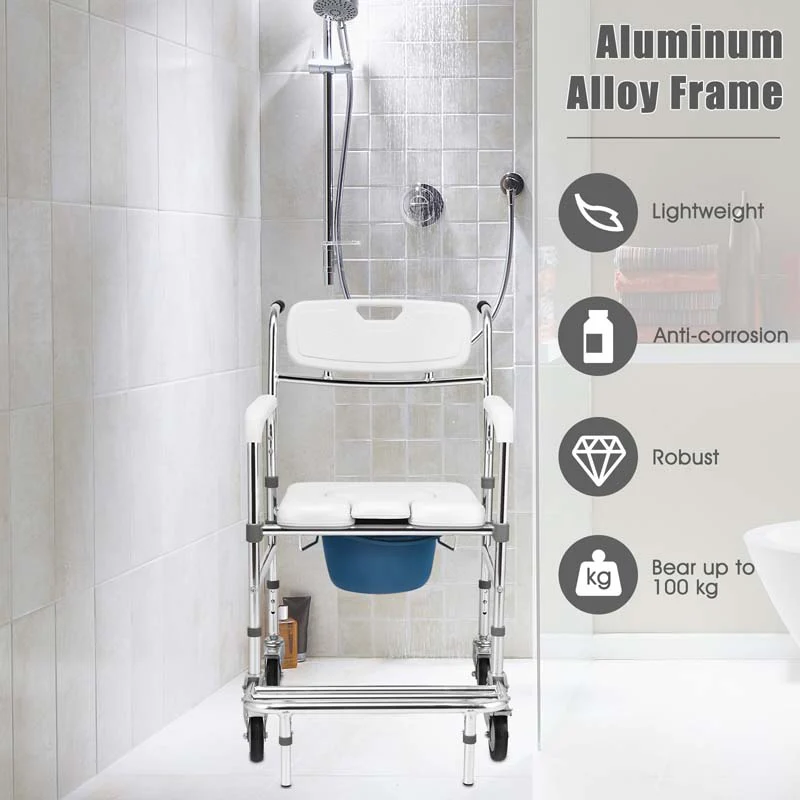 4 in 1 Bedside Commode Chair Transport Shower Wheelchair Toilet Chair with Folding Pedal