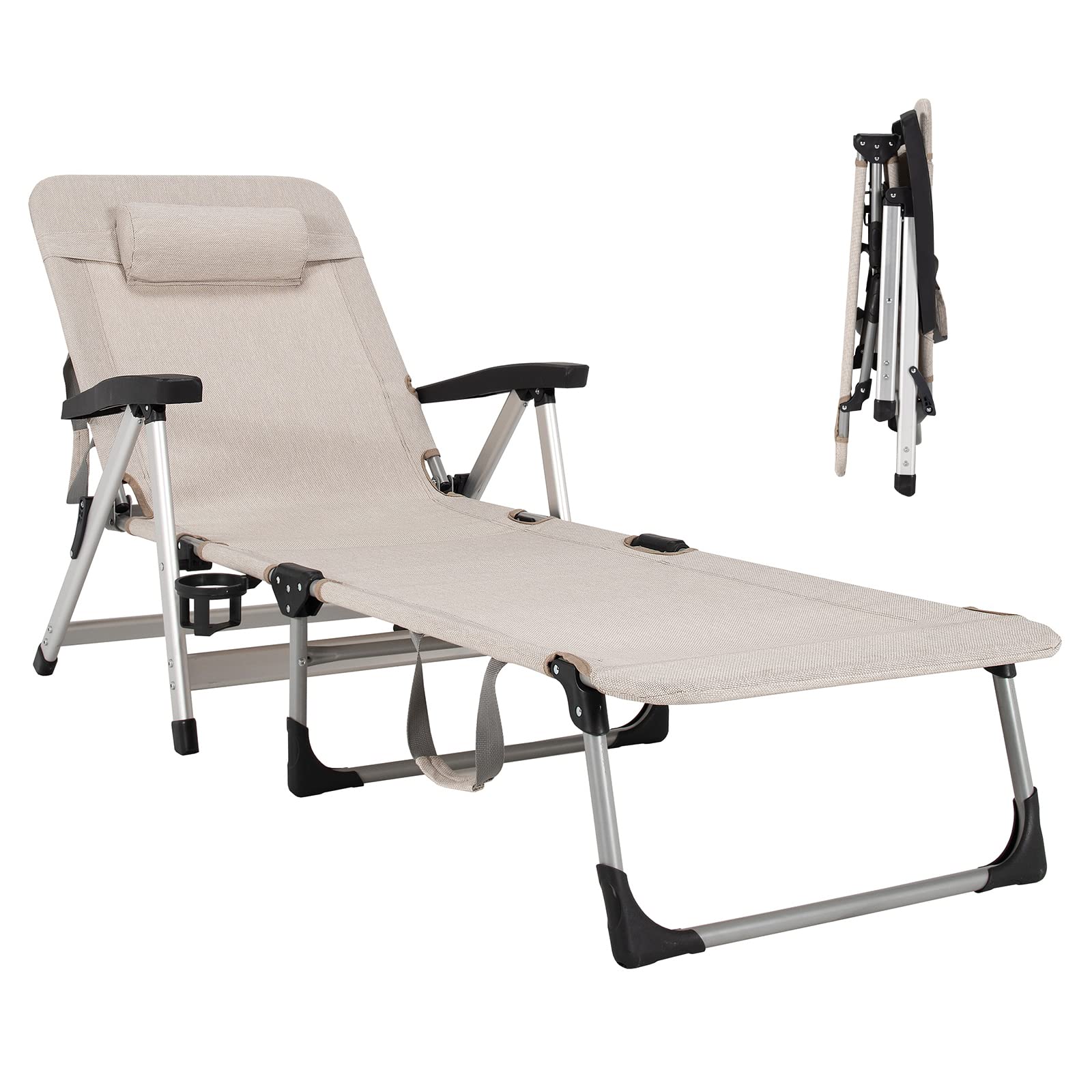 Chaise Lounge Chair, Folding Outdoor Patio Lounger with Cup Holder & Detachable Headrest