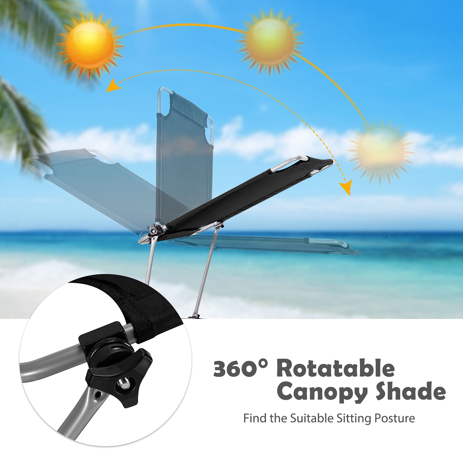 Folding Lounge Chair w/Shade Canopy and Storage Pocket