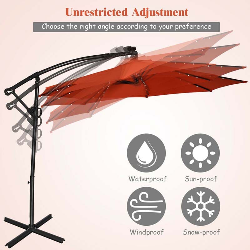 10 FT Patio Offset Umbrella with Solar Lights 360�� Rotation Outdoor Market Umbrella with Crank Handle & Cross Base