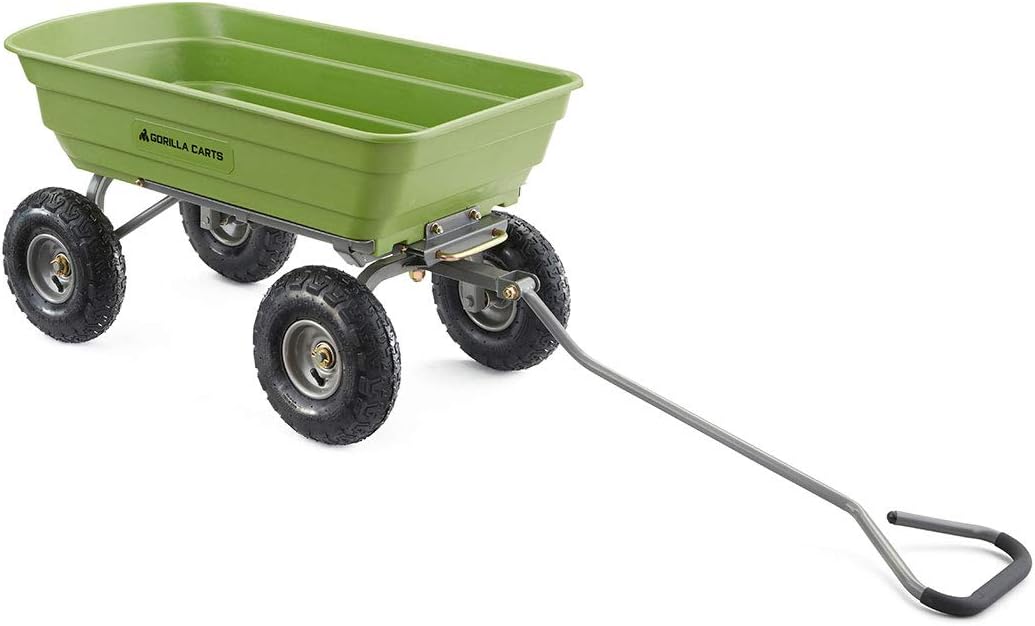 Heavy Duty Poly Utility Dump Wagon Garden Cart w/Pneumatic Tires, 6 Cu Ft - 1200 lb Capacity Outdoor Wheelbarrow for Yard, Landscaping & Gardening, Lawn Tractor or ATV Towable-Gorilla Carts