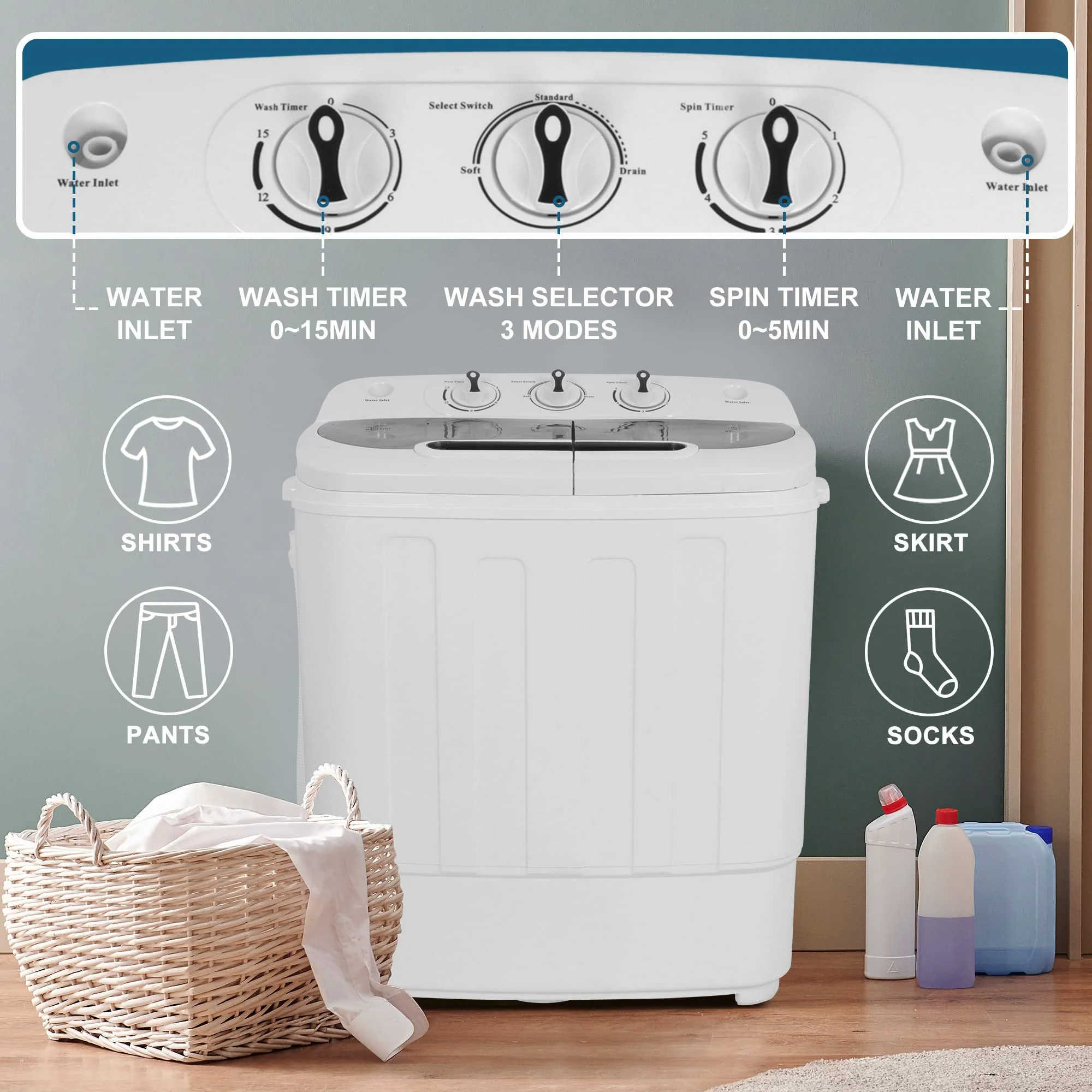 13lbs Capacity Compact Mini Twin Tub Washing Machine