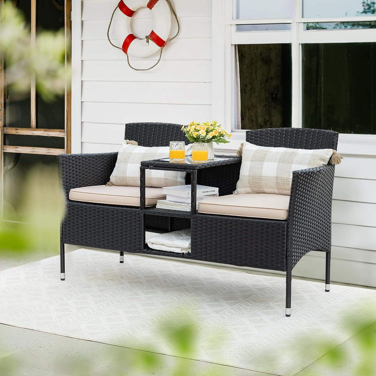 Outdoor Furniture Patio Loveseat Wicker 2-Seat with Built-in Table and Cushions Rattan Porch Chairs Bench for Balcony, Lawn, Backyard (Beige)