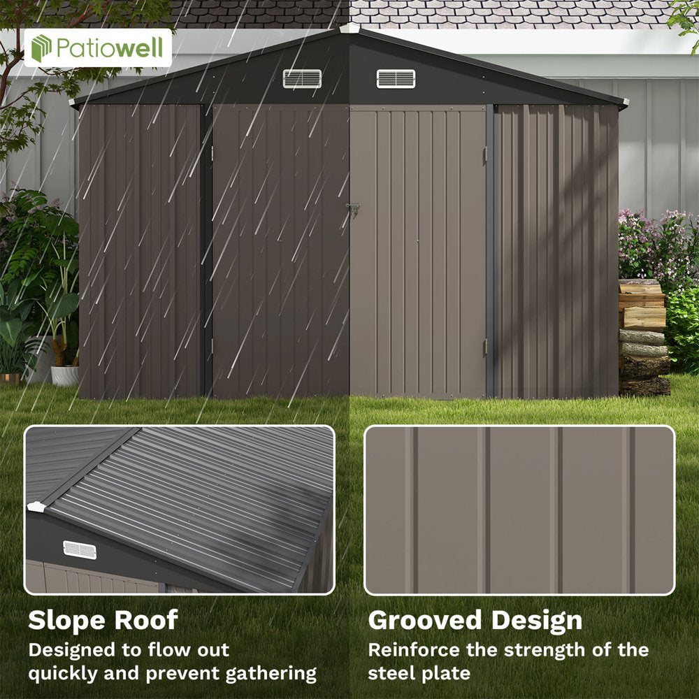 Patiowell 10??10 ft Metal Outdoor Storage Shed, Sloping Roof, Double Lockable Doors, Coffee Brown