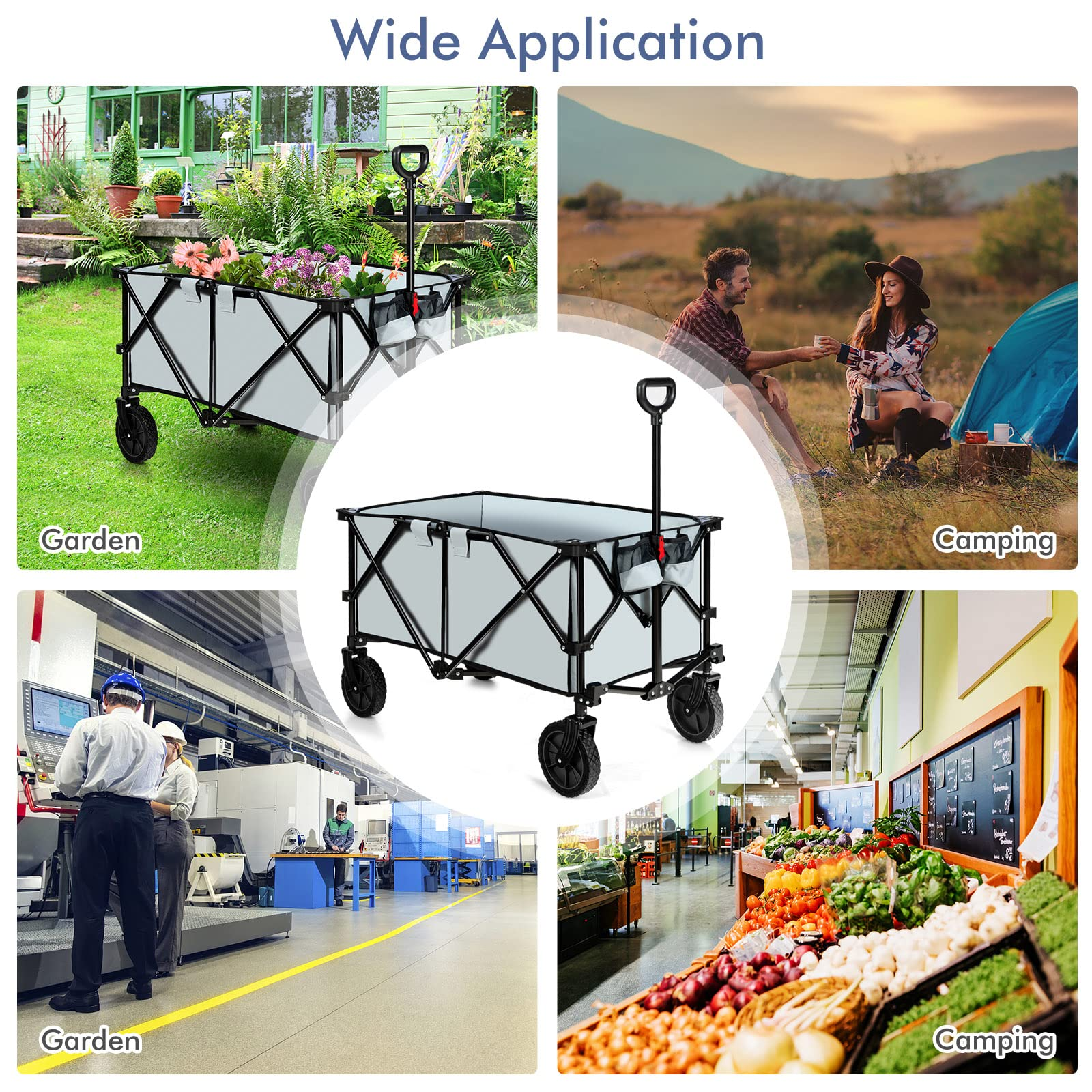 Collapsible Wagon, Folding Utility Wagon Cart w/Universal Wheels & Adjustable Handle & Cover Bag