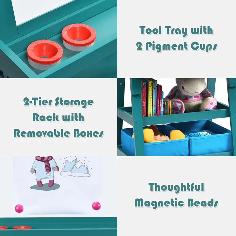 3-in-1 Double-Sided Kids Art Easel, Wooden Storage Toddler Easel with Magnetic White Board & Chalkboard, Paper Roll, Painting Dry Erase