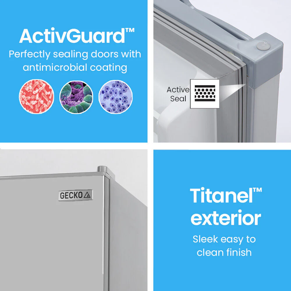 GECKO 142L Upright Portable Fridge / Freezer, 12V/24V/240V for Motorhome and Caravan, Silver