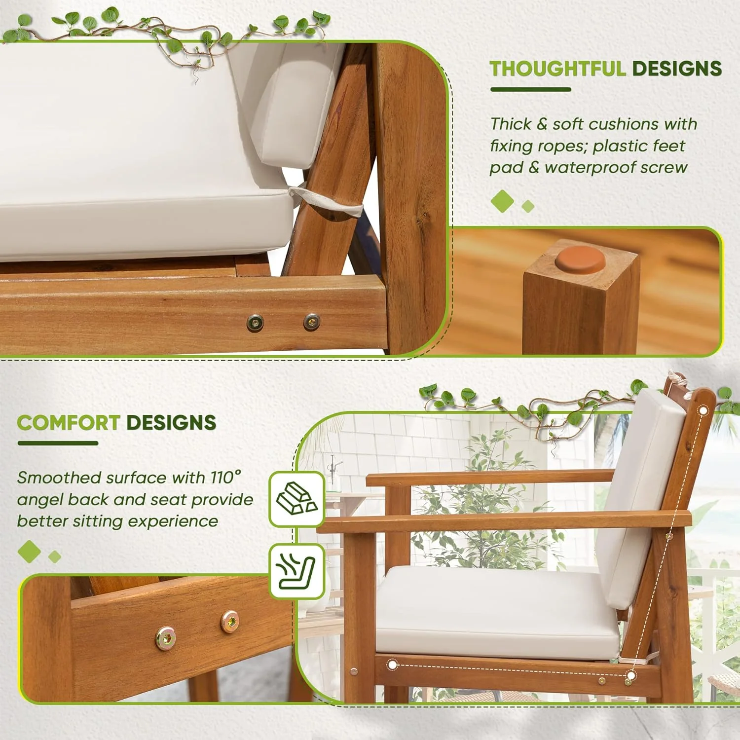 Flamaker Patio Furniture 4 Piece Outdoor Acacia Wood Patio Conversation Sofa Set with Table & Cushions Porch Furniture for Deck, Balcony, Backyard