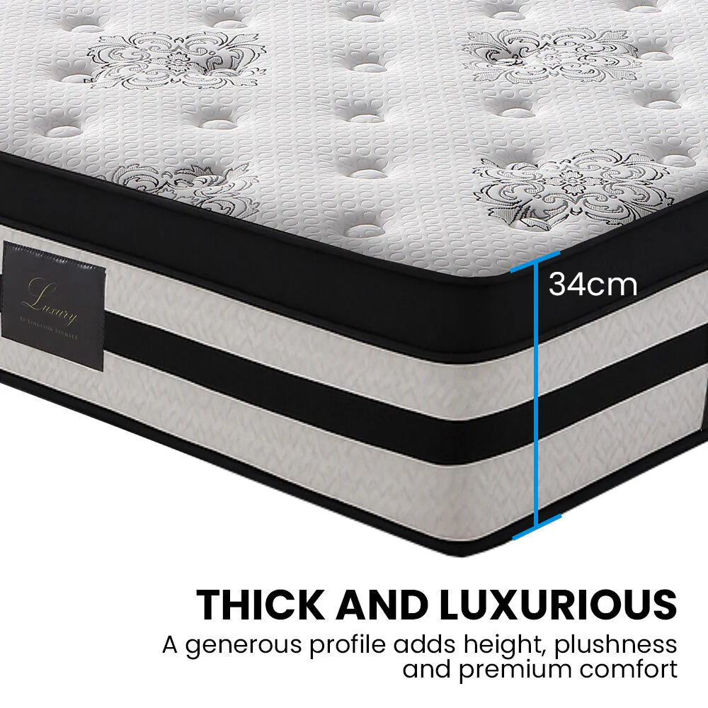 KINGSTON SLUMBER Luxury 34cm Queen Mattress, Medium-Firm, Euro Top, 5-Zone Pocket Spring