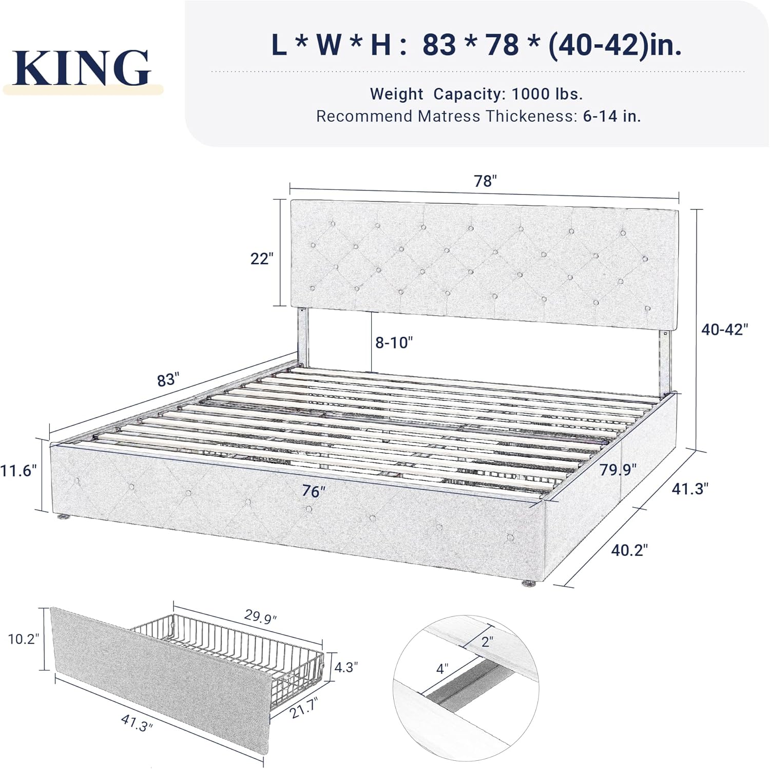 Allewie Upholstered Queen Size Platform Bed Frame with 4 Storage Drawers and Headboard, Square Stitched Button Tufted, Mattress Foundation with Wooden Slats Support, No Box Spring Needed, Light Grey