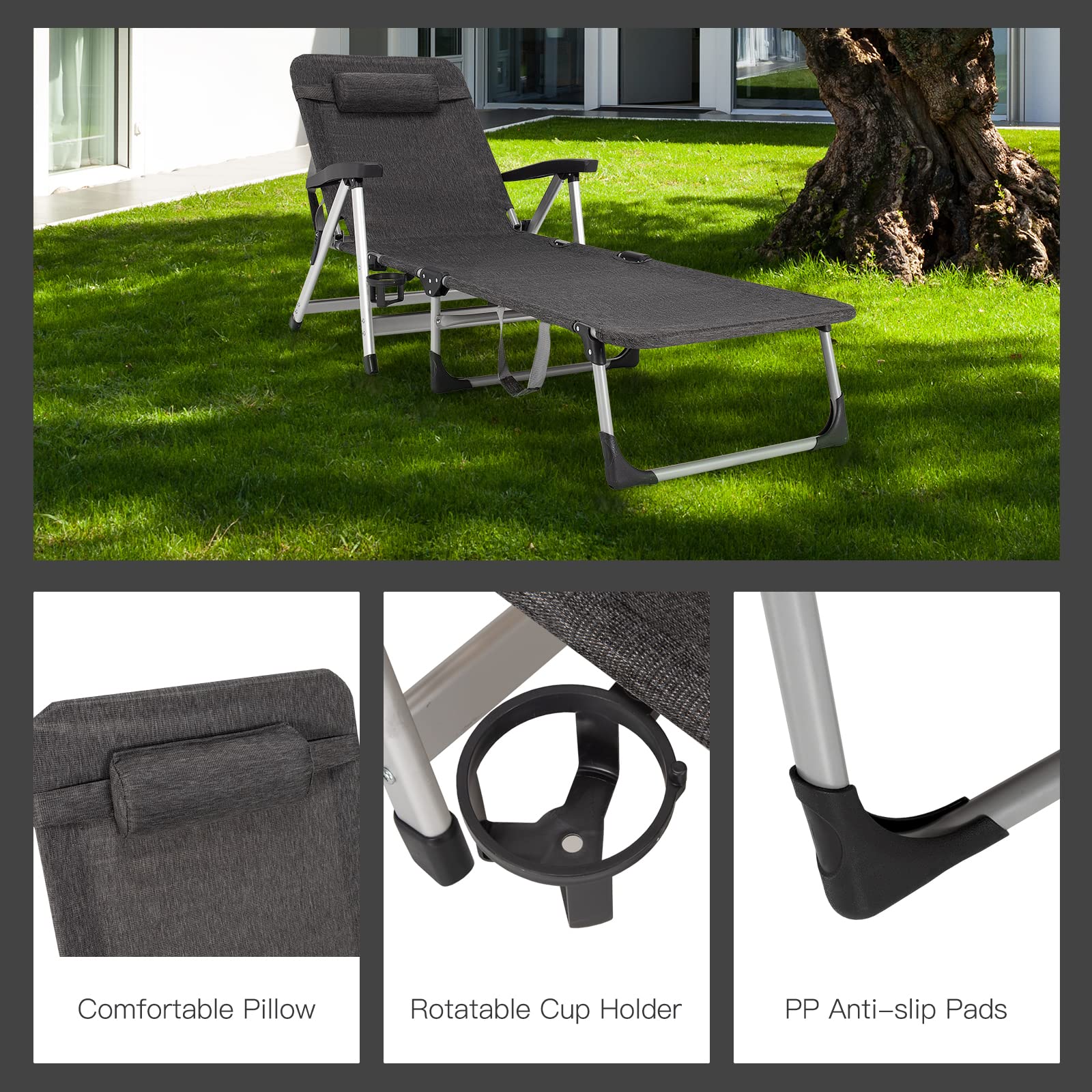 Chaise Lounge Chair, Folding Outdoor Patio Lounger with Cup Holder & Detachable Headrest