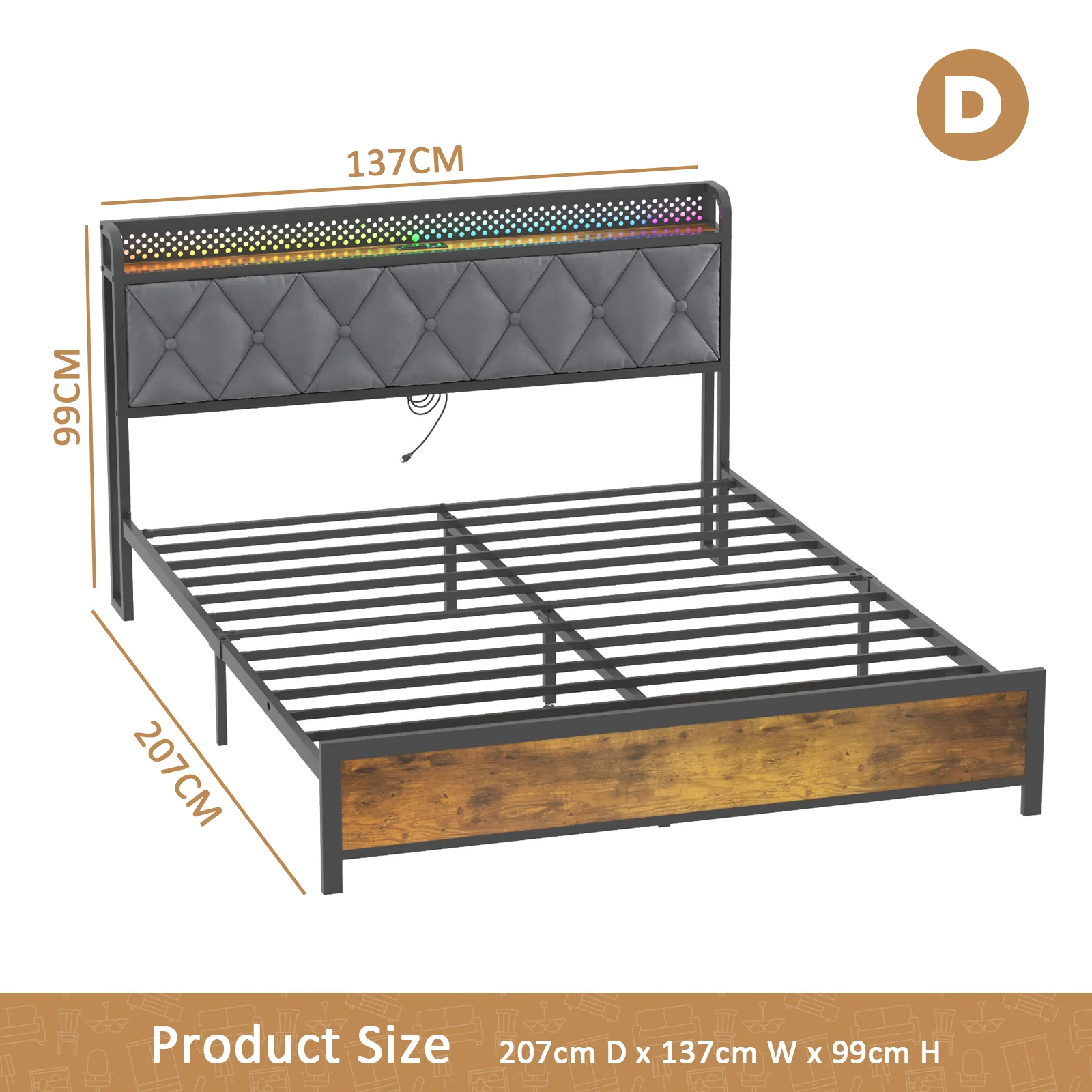 RGB LED Lights Bed Frame w/Charging Station