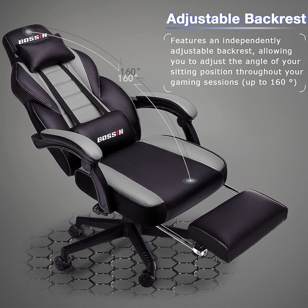 BOSSIN Ergonomic Gaming Chair with Footrest, Headrest & Lumbar Support, Reclines 90-155??, PU Leather, 300 lbs Capacity