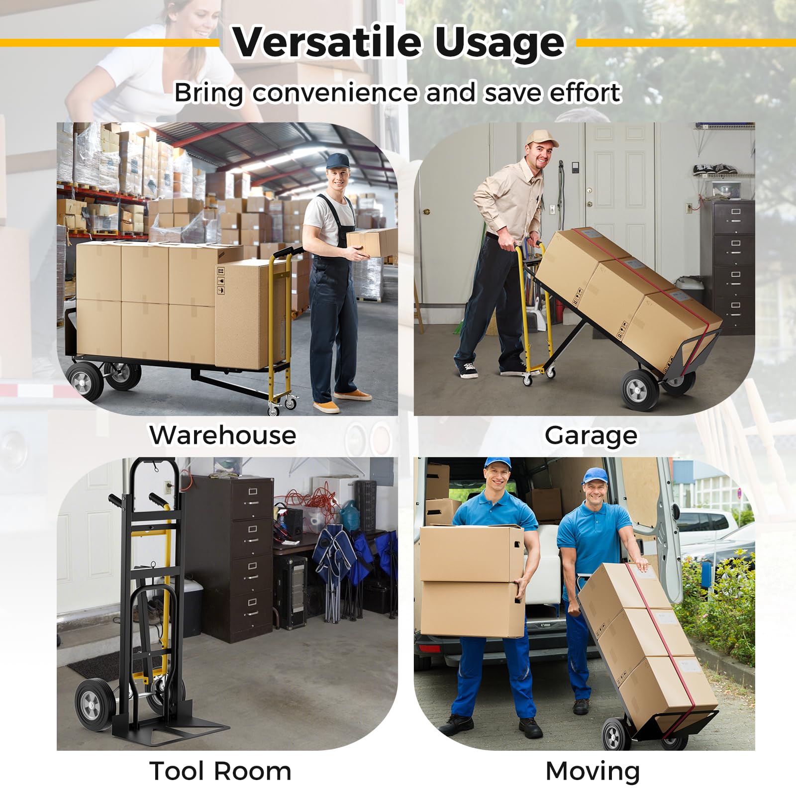 Hand Truck, 3-in-1 Convertible Metal Dolly Cart with 4 Rubber Wheels, 1000 lbs Max Load Capacity