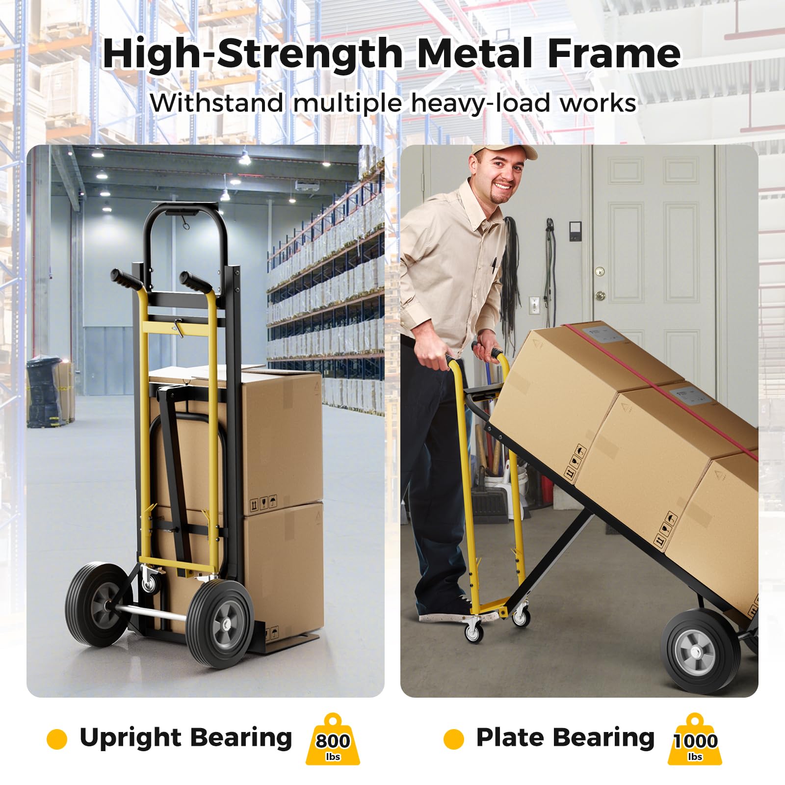 Hand Truck, 3-in-1 Convertible Metal Dolly Cart with 4 Rubber Wheels, 1000 lbs Max Load Capacity