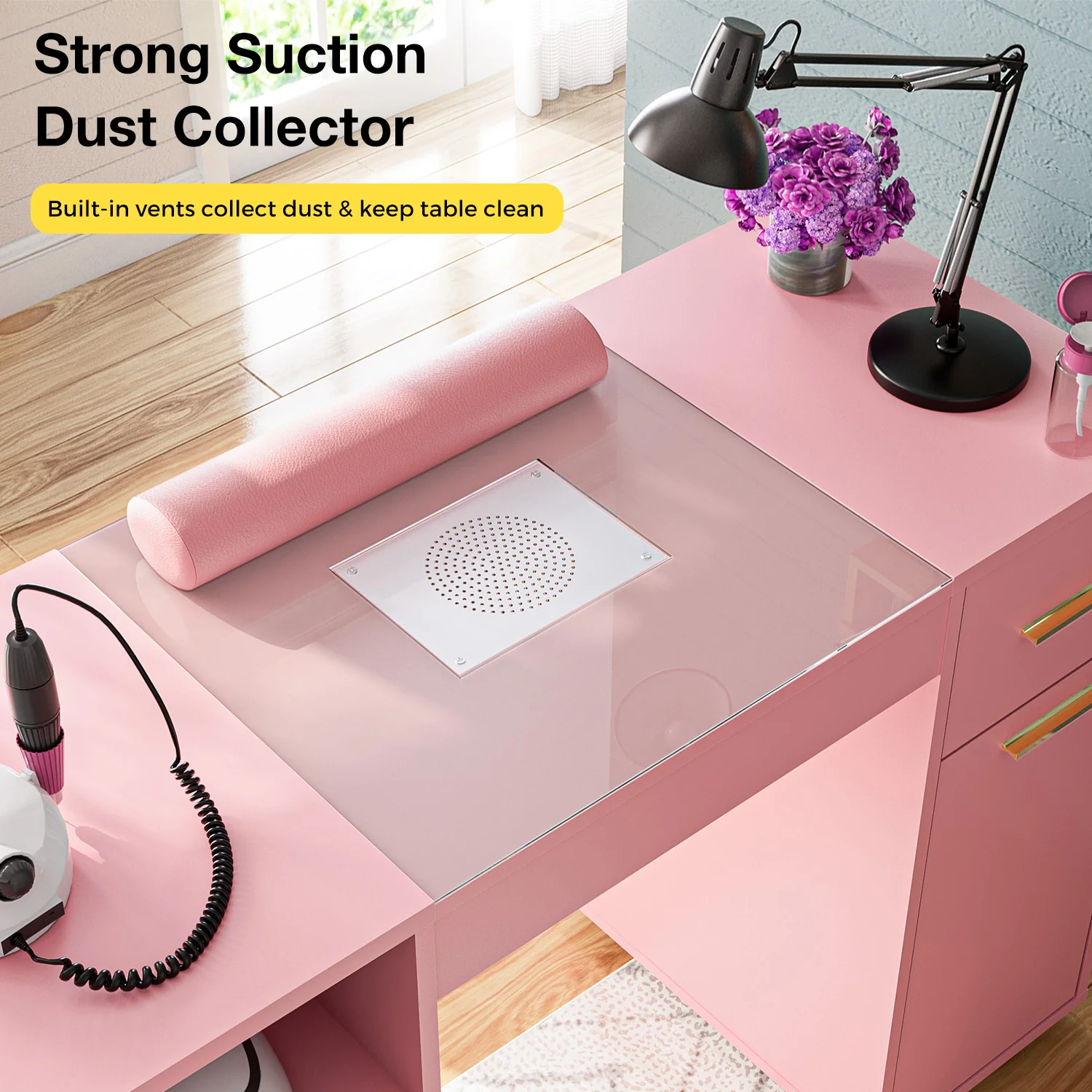 Manicure Table Glass Top w/Dust Collector Pink