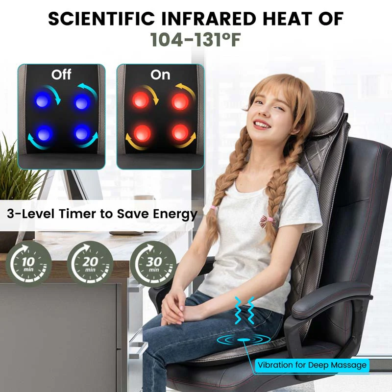 Rolling Shiatsu Full Back Massager Chair Pad Massage Seat Cushion with Heat & Vibration, Removable Neck Pillow & Back Flap