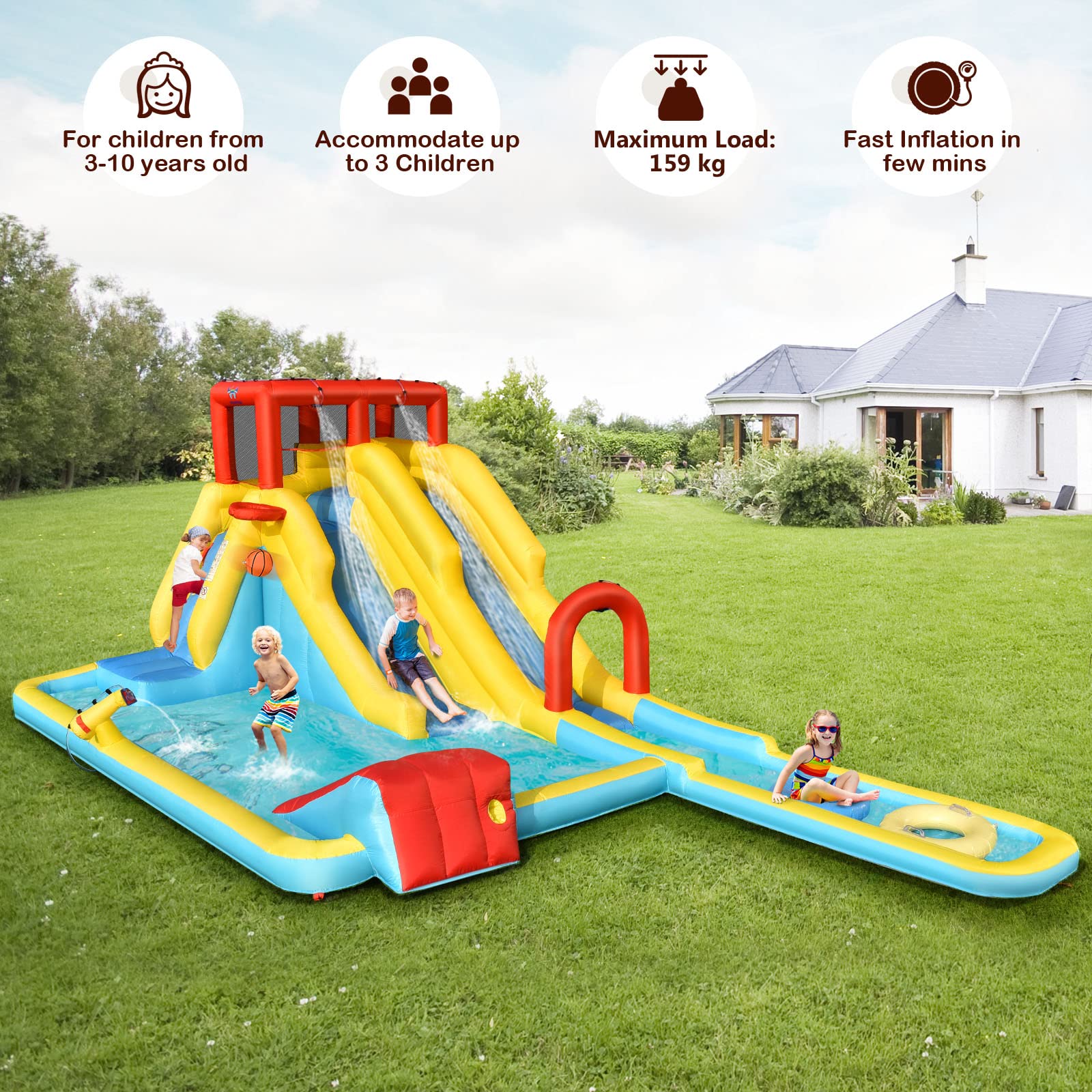 Inflatable Water Slide, 7-in-1 Double Long Slide Inflatable Water Park w/Climbing Wall