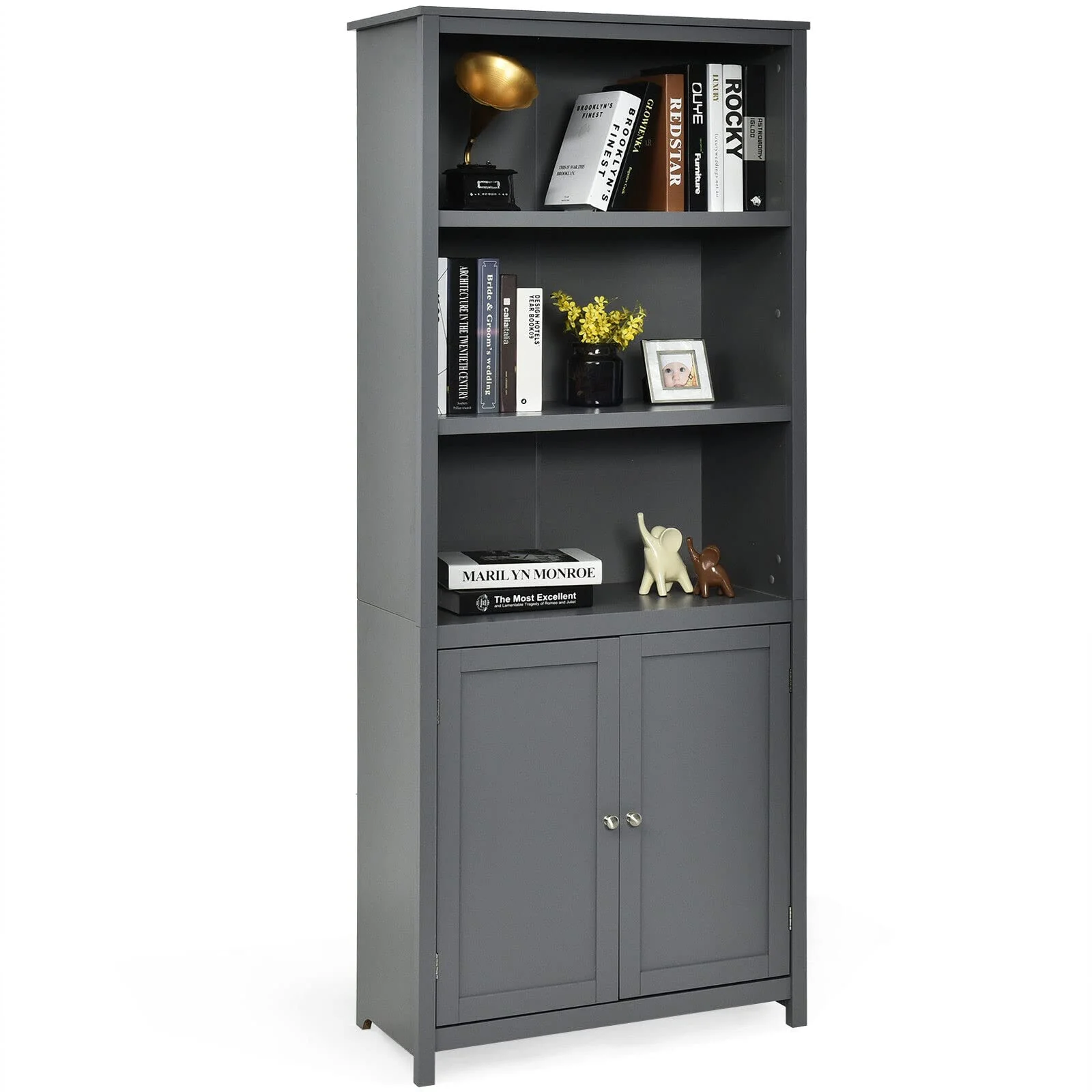 Giantex 182CM Bookcase with Doors, 3 Tier Open Book Shelving, Standing Wooden Display Bookcase