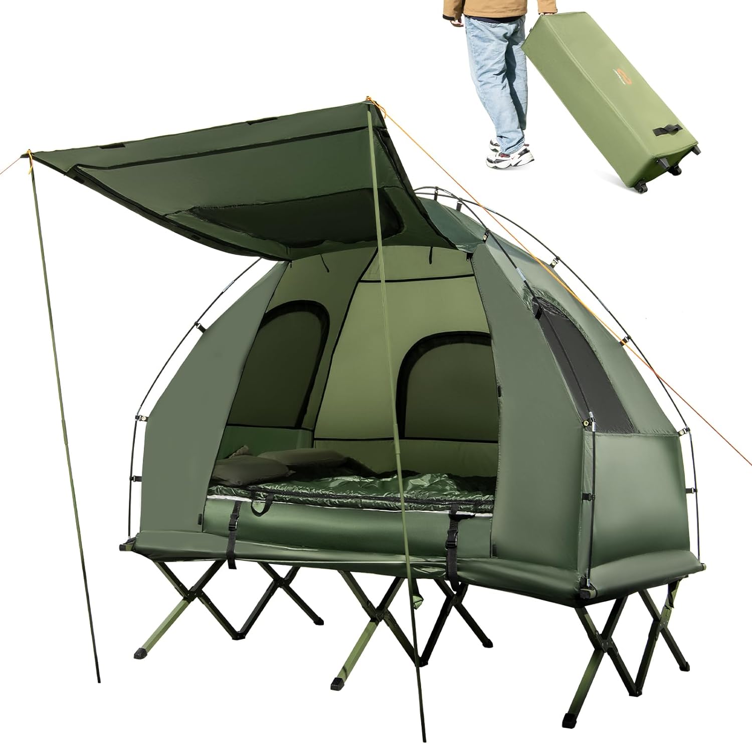 Camping Tent Cot, 5-in-1 Folding Camping Bed with Air Mattress, Pillow, Sleeping Bag, Waterproof Elevated Tent Shelter